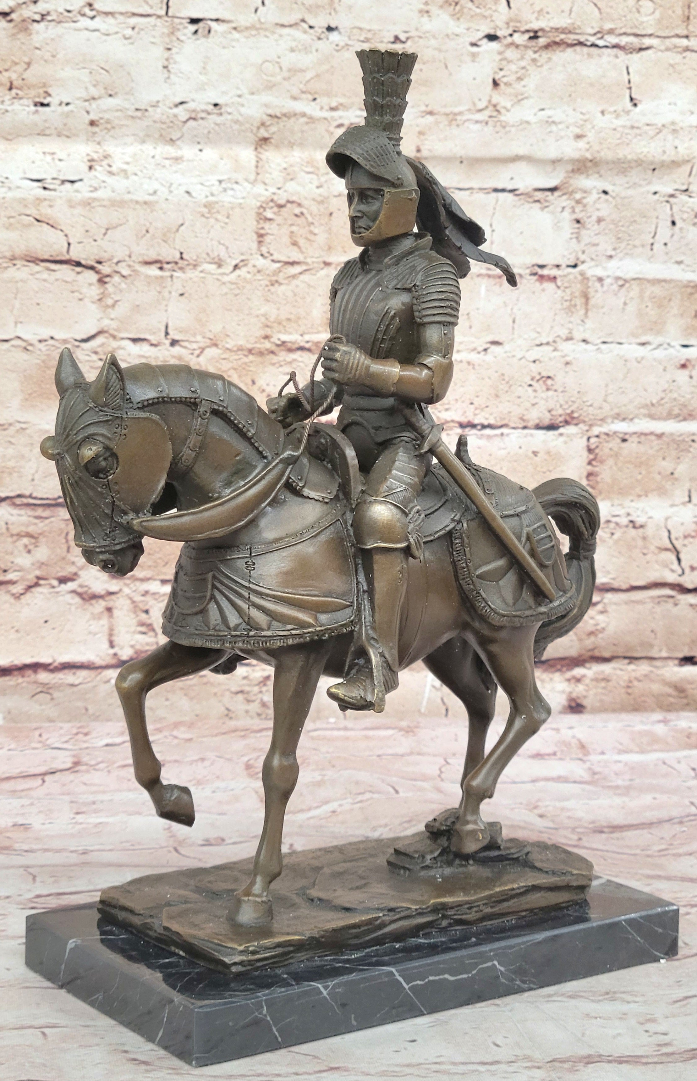 Bronze Sculpture Soldier Medieval Knight Armor Riding Horse Souvenirs