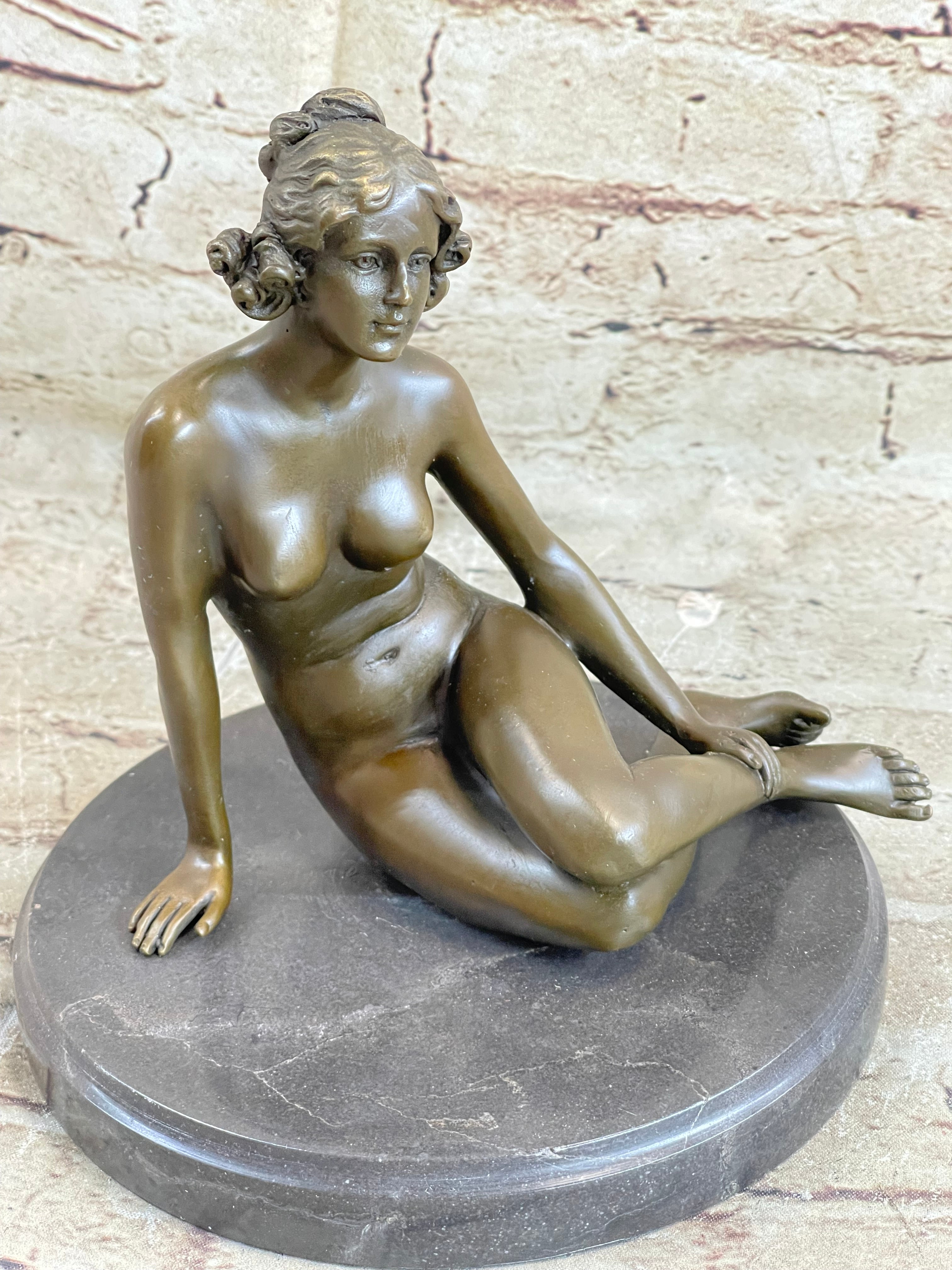 Sexy Nude Female Bronze Statue Marble Base Sculpture Decor Lost Wax Me