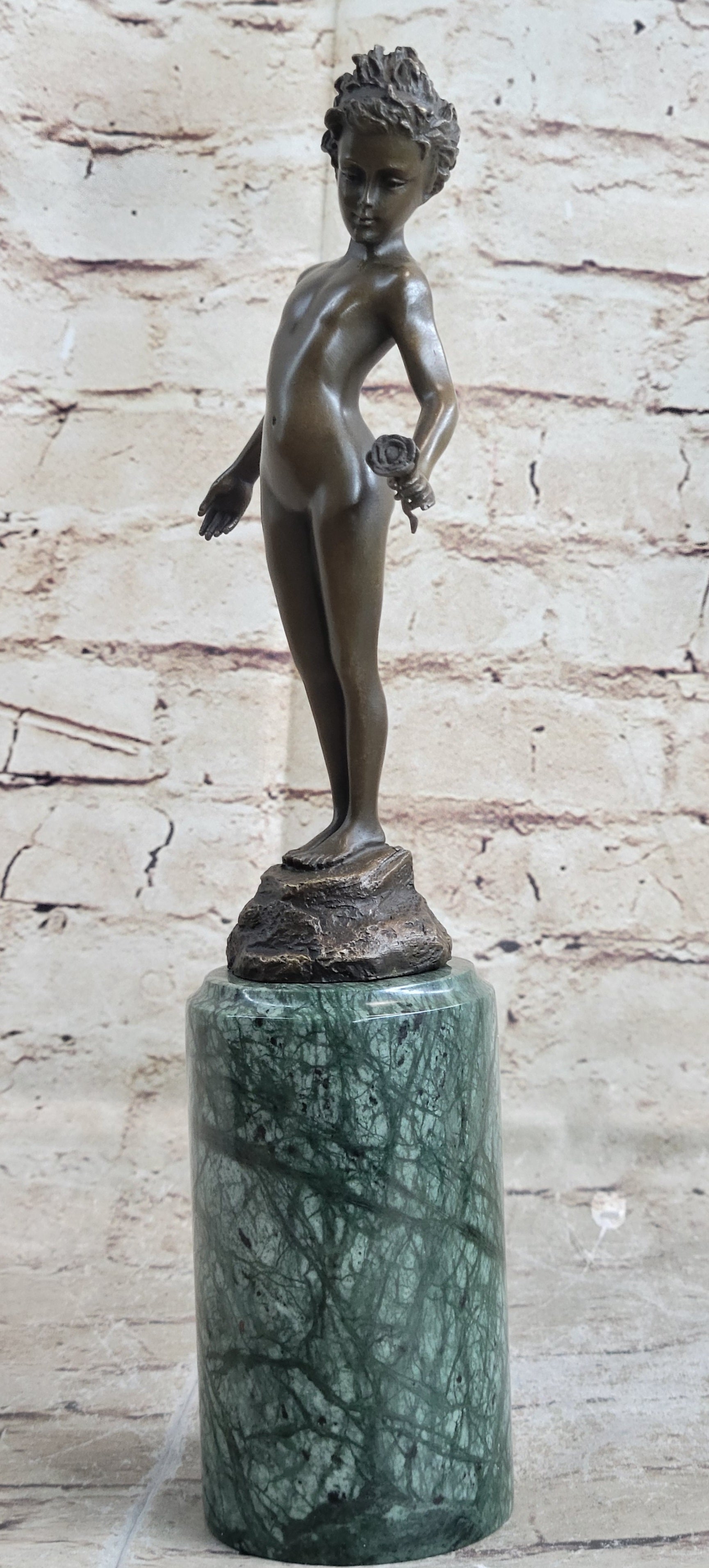 Bronze Sculpture Nude Male Holding Flower Hot Cast Marble Base Figurin