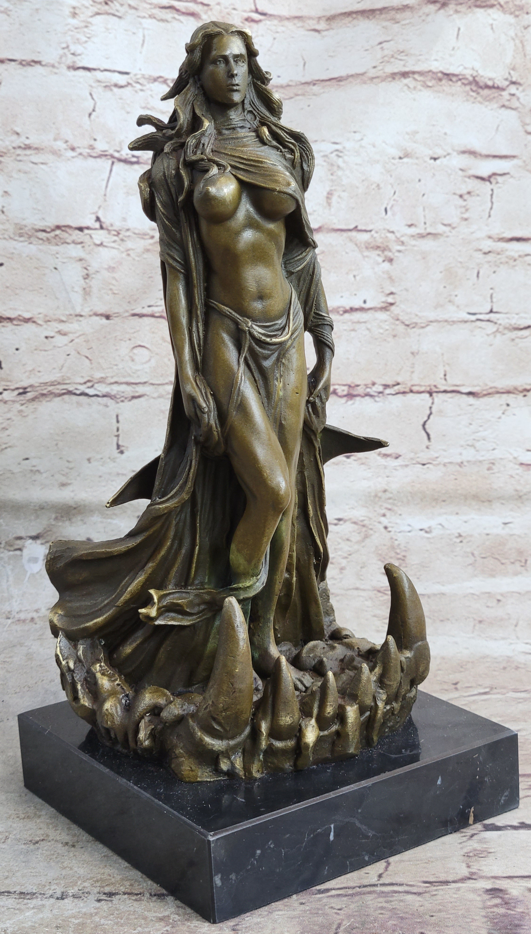 French Sexy Sorceress Nude Curvaceous Body Bronze Marble Statue Hot Ca