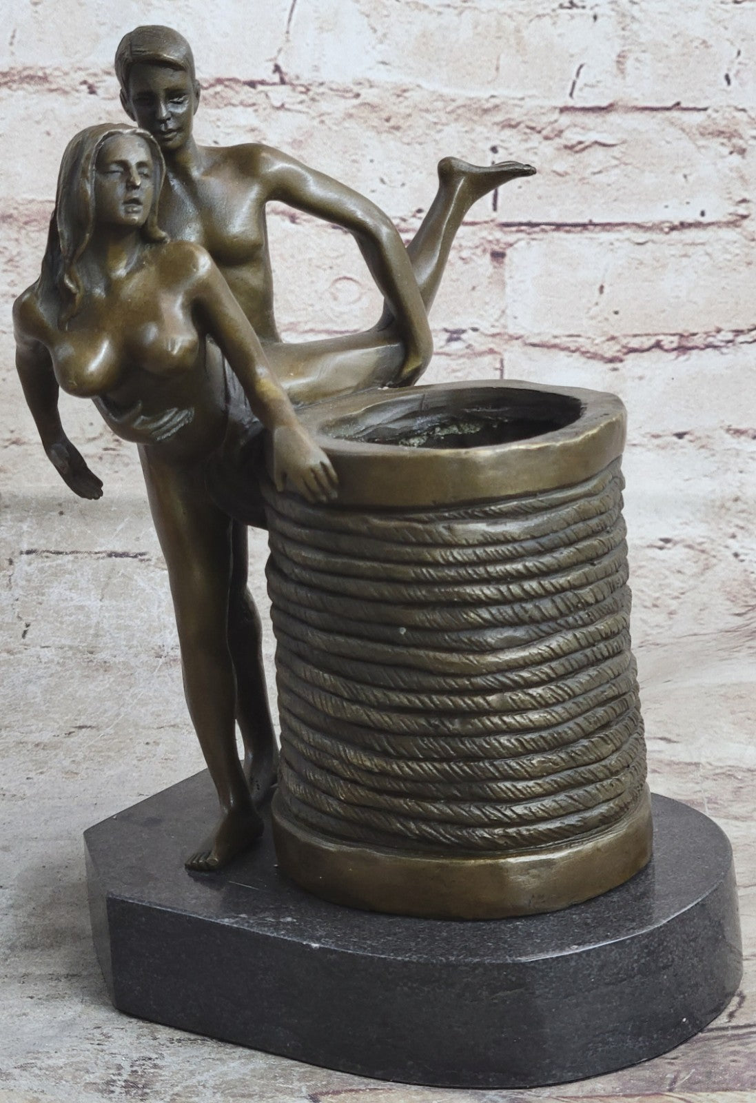 Signed Original Provocative Pose Nude Male and Female Pen Holder Bronze  Statue