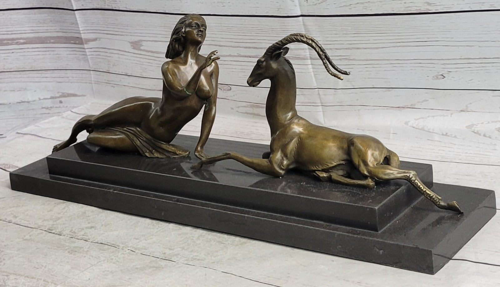 Bronze Sculpture Nude Girl w Goat Animal Lovers Classic Artwork by Vit