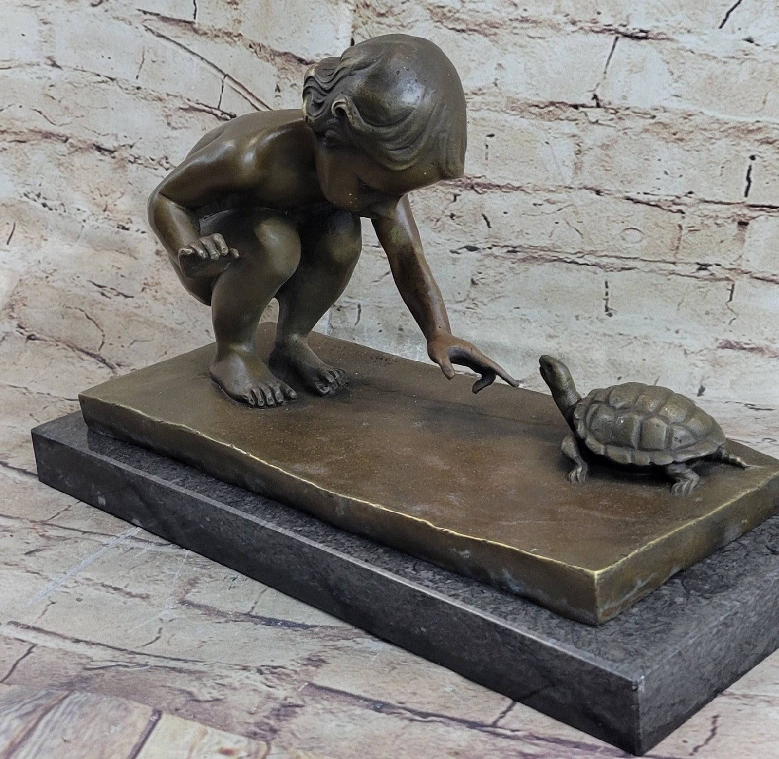 Art Deco Nude Baby Girl Playing with Turtle Bronze Sculpture Figurine