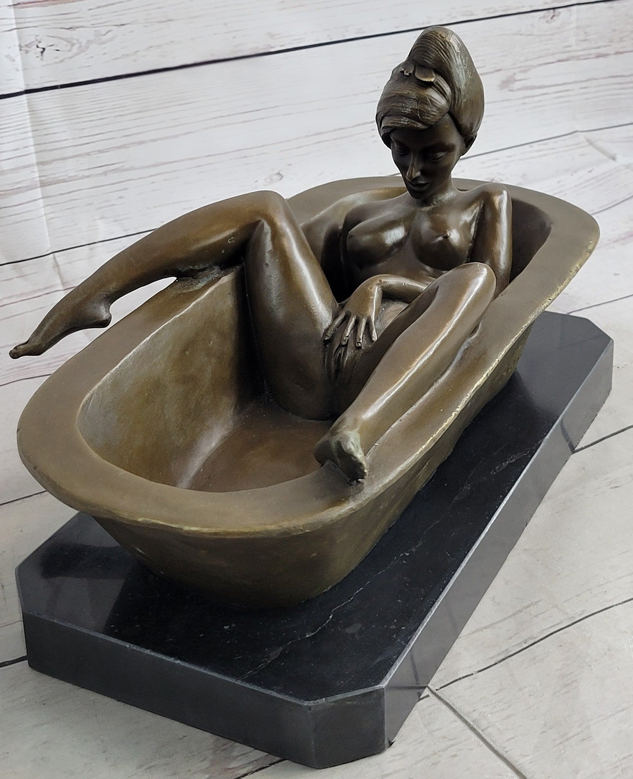 Signed Preiss Lost Wax Nude Lady in Hot tub Bronze Sculpture Marble St