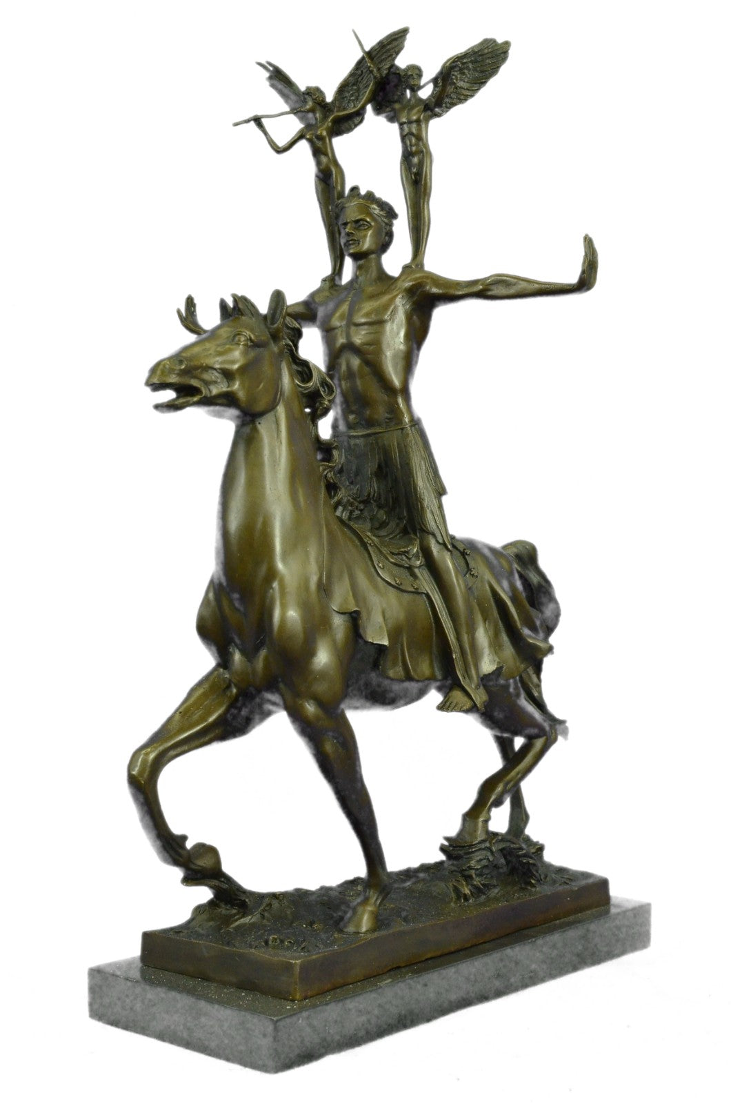 Lost Wax Nude Man Riding Horse W. angel Bronze Statue Sculpture Figure  Figurine