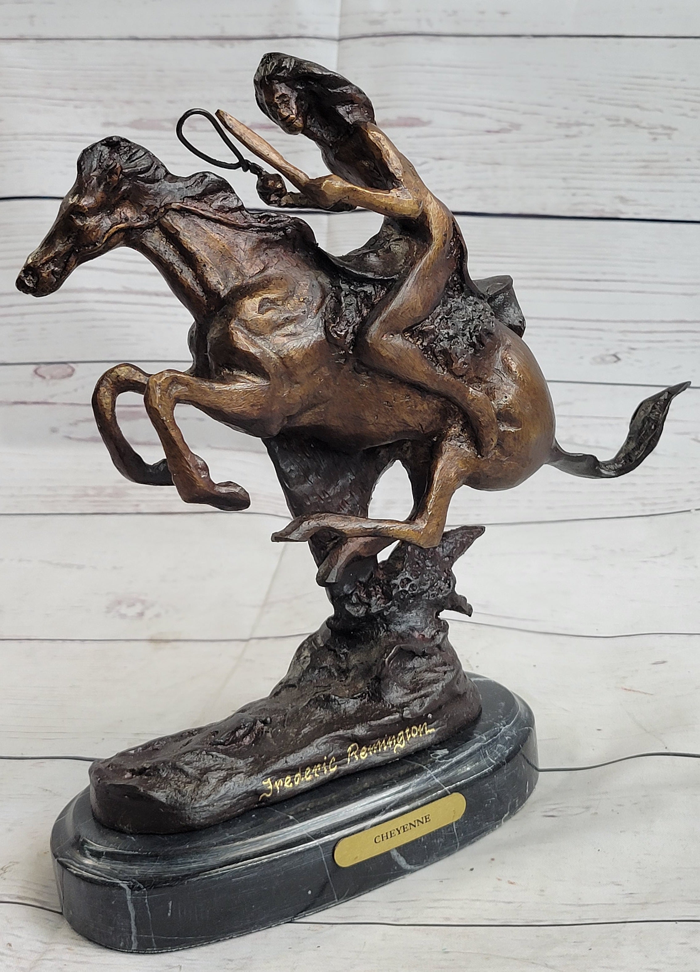 VTG REPRODUCTION FREDERIC REMINGTON "THE CHEYENNE" CAST BRONZE SCULPTURE, NICE