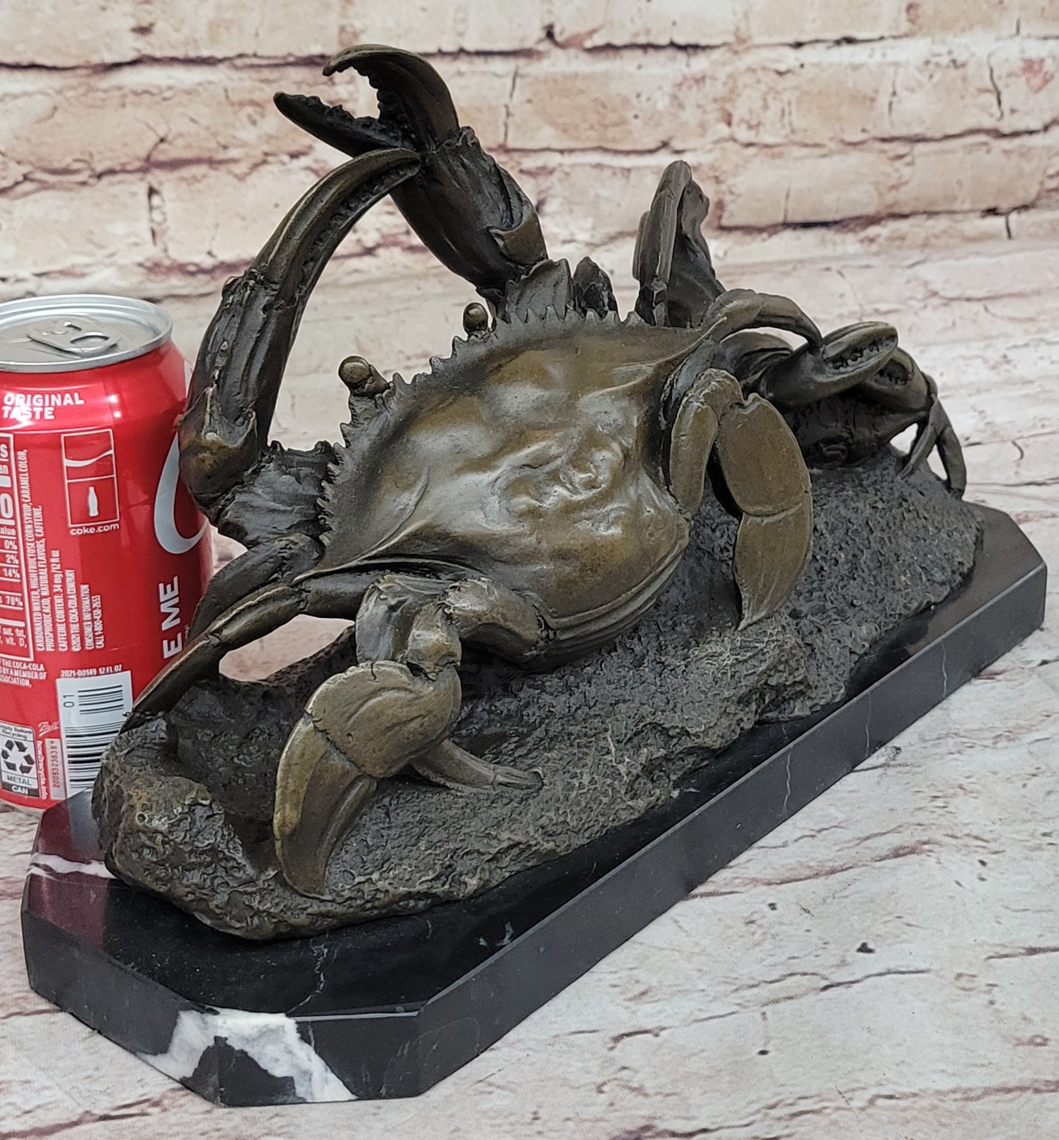 Handcrafted Brown Patina Crab Lobster Bronze Sculpture Marble Base Figurine