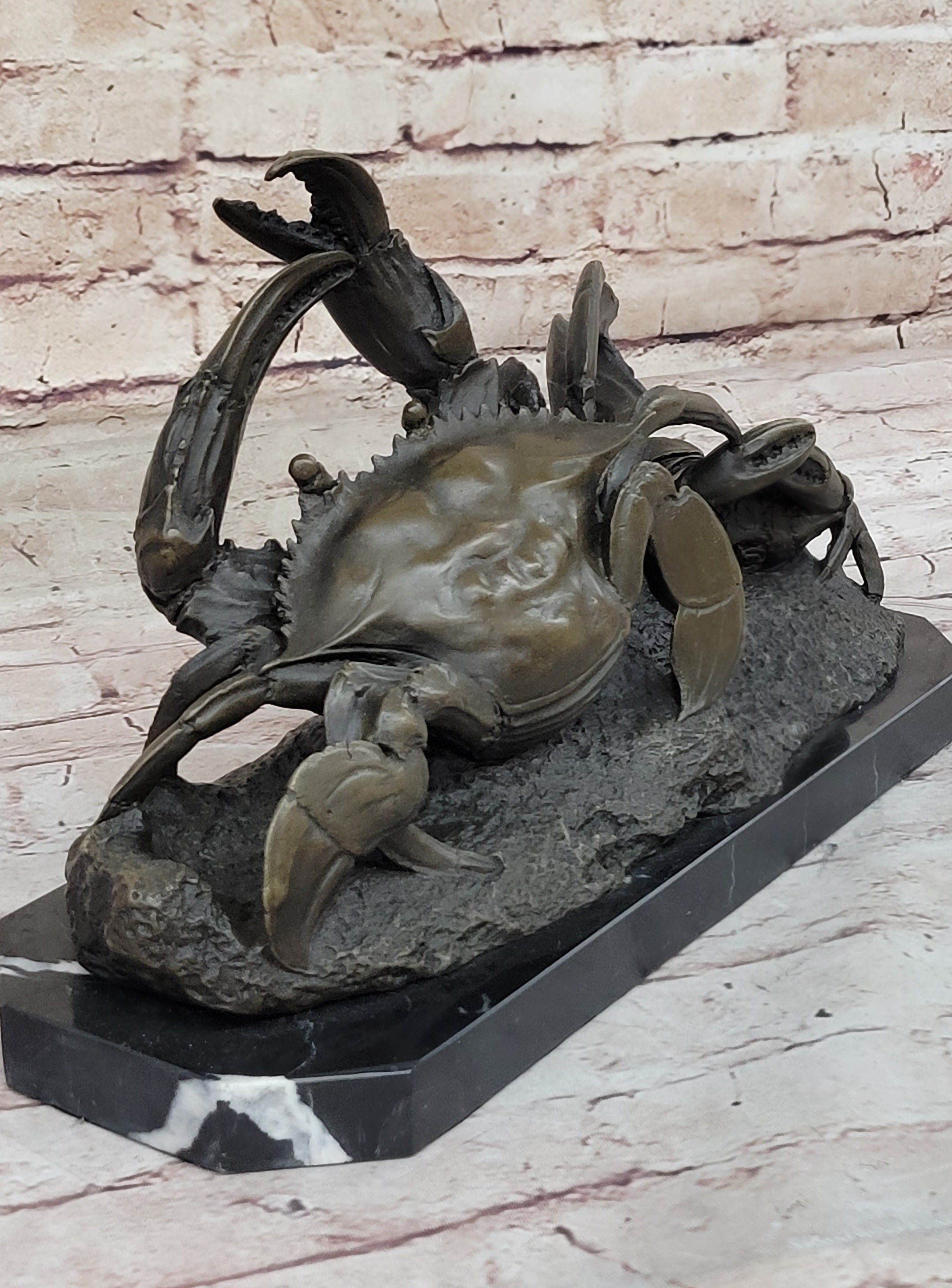 Handcrafted Brown Patina Crab Lobster Bronze Sculpture Marble Base Figurine