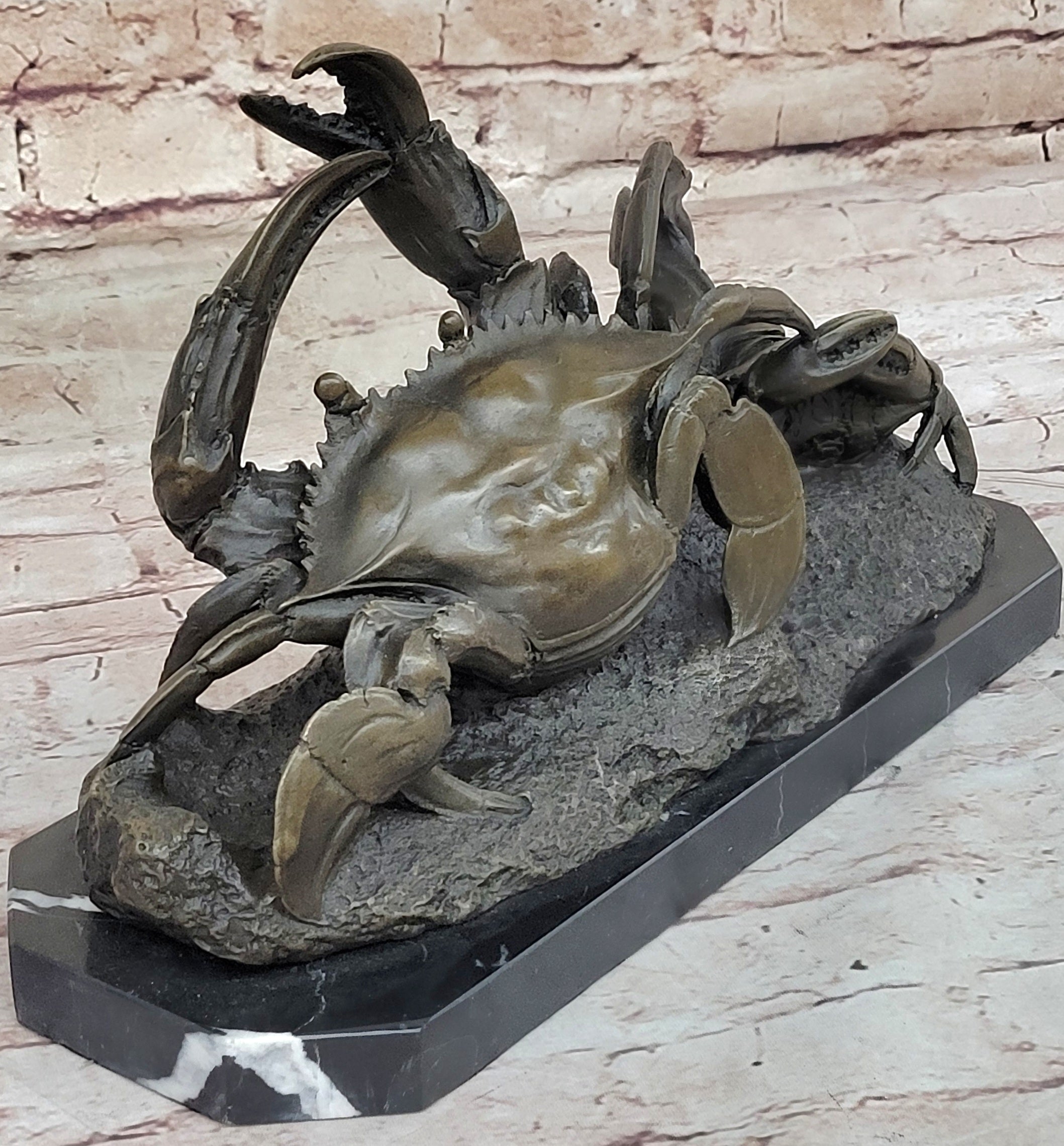 Handcrafted Brown Patina Crab Lobster Bronze Sculpture Marble Base Figurine