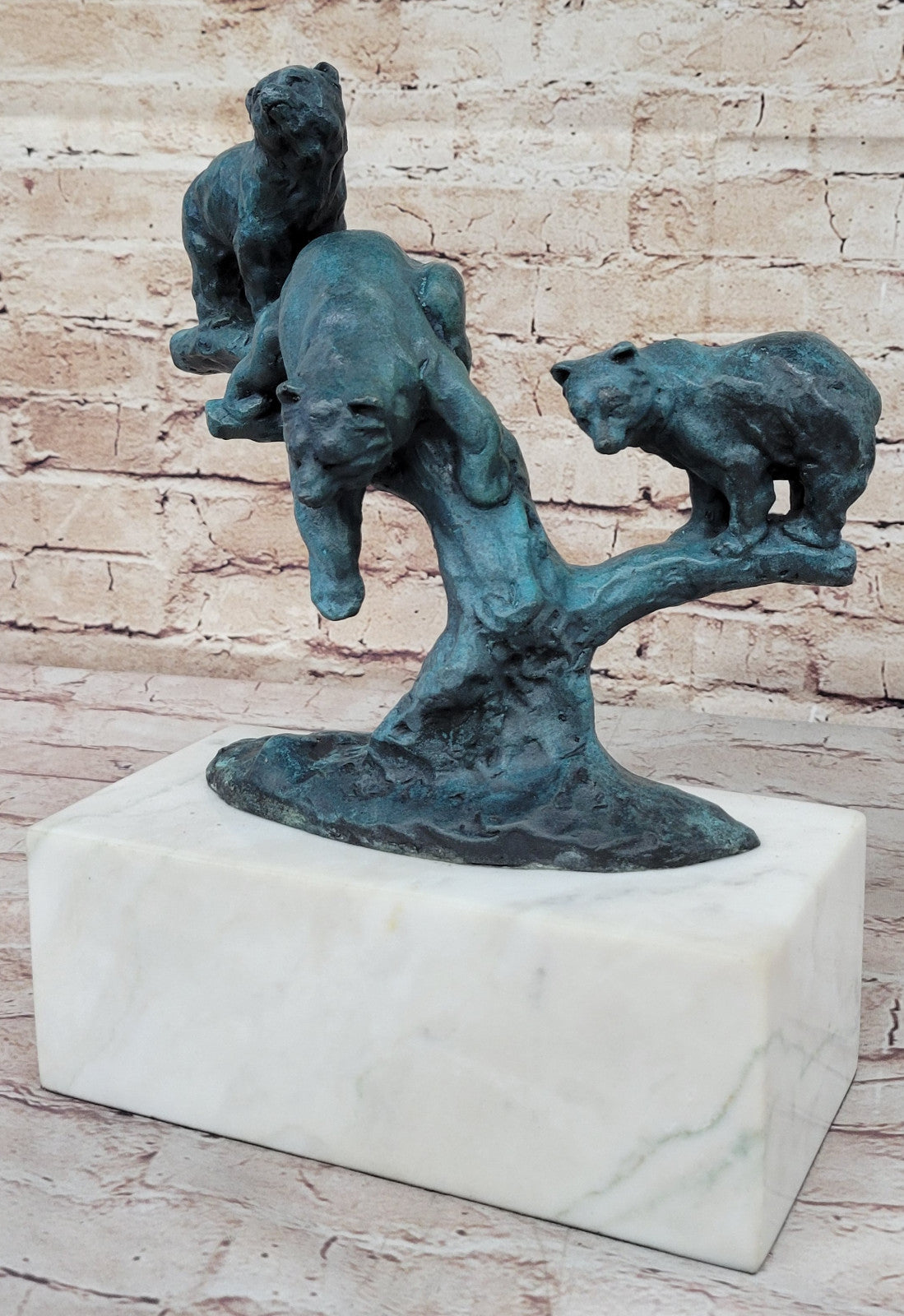 Modern Artwork: Special Patina Bear Family on Tree Stump Bronze Sculpture