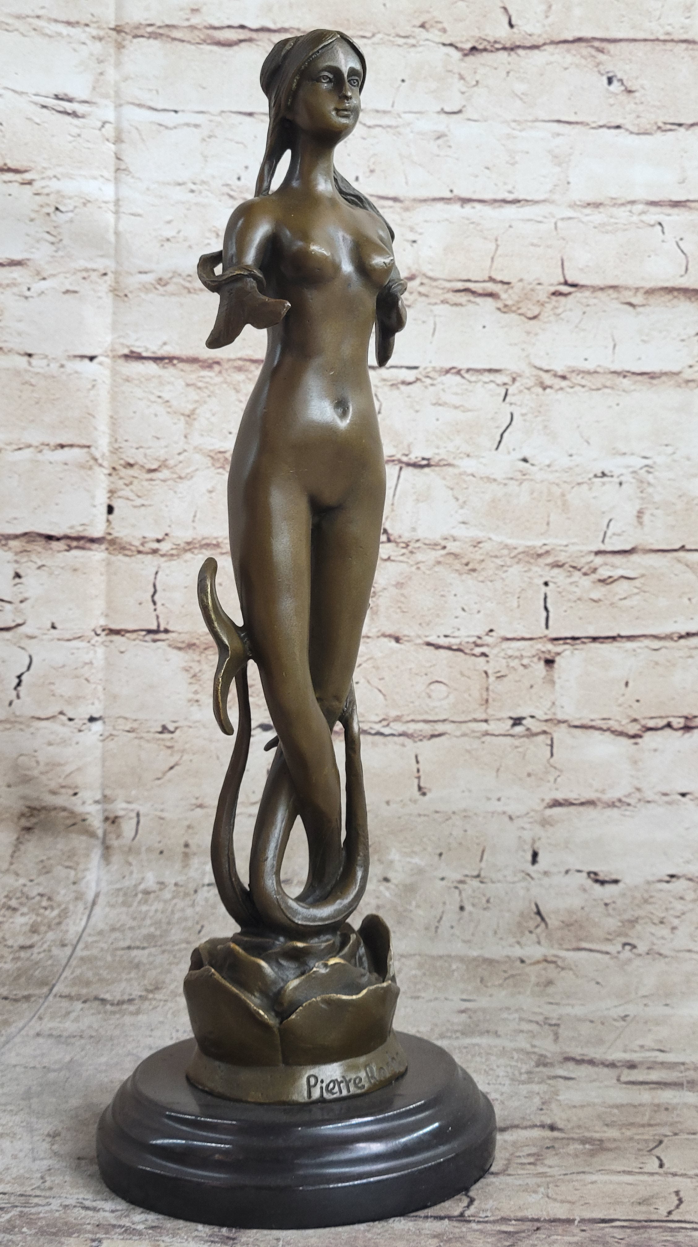 Signed Roche Nude Mythical Mermaid Bronze Sculpture Nude Statue Figure Figurine