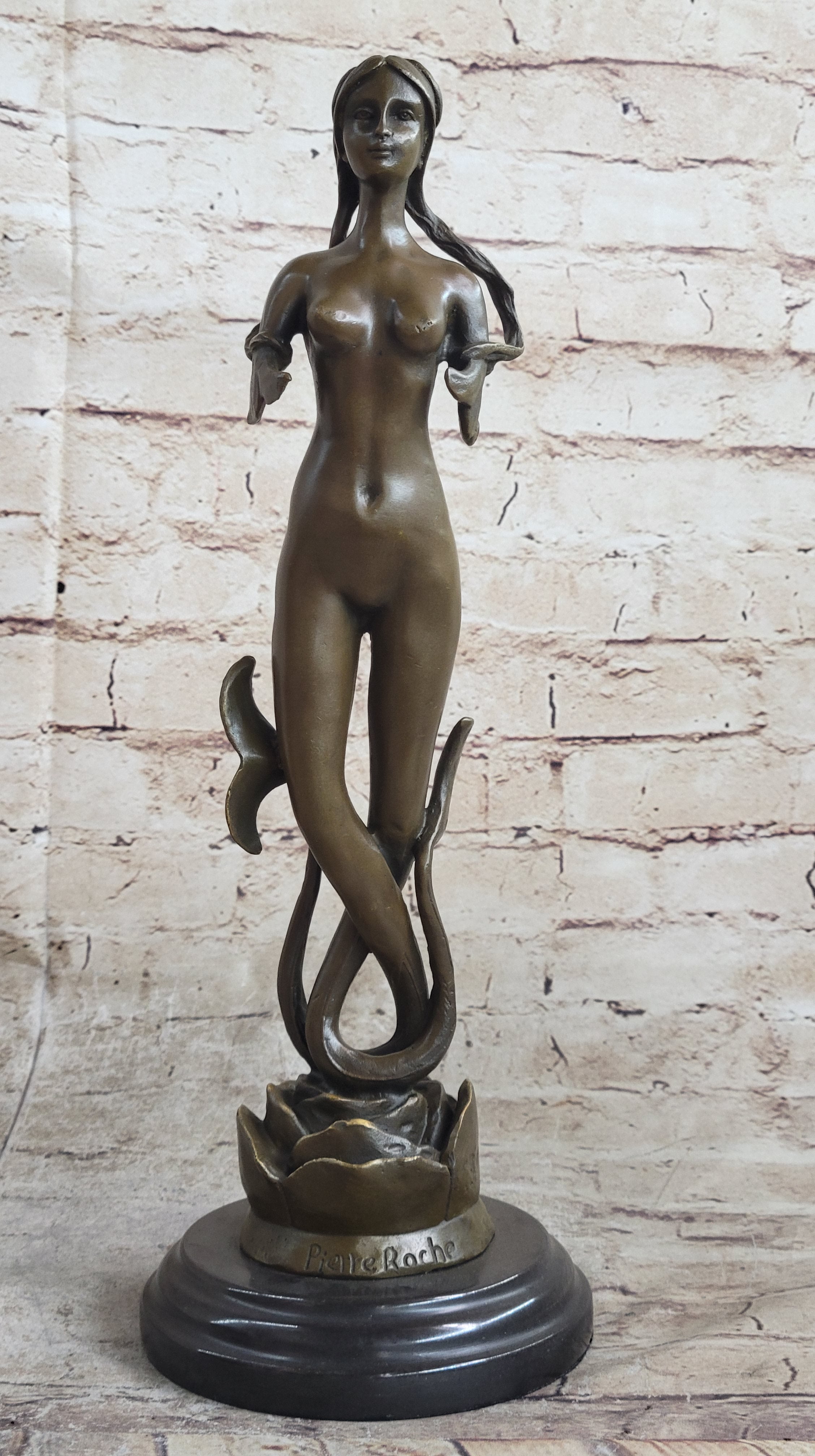 Signed Roche Nude Mythical Mermaid Bronze Sculpture Nude Statue Figure Figurine