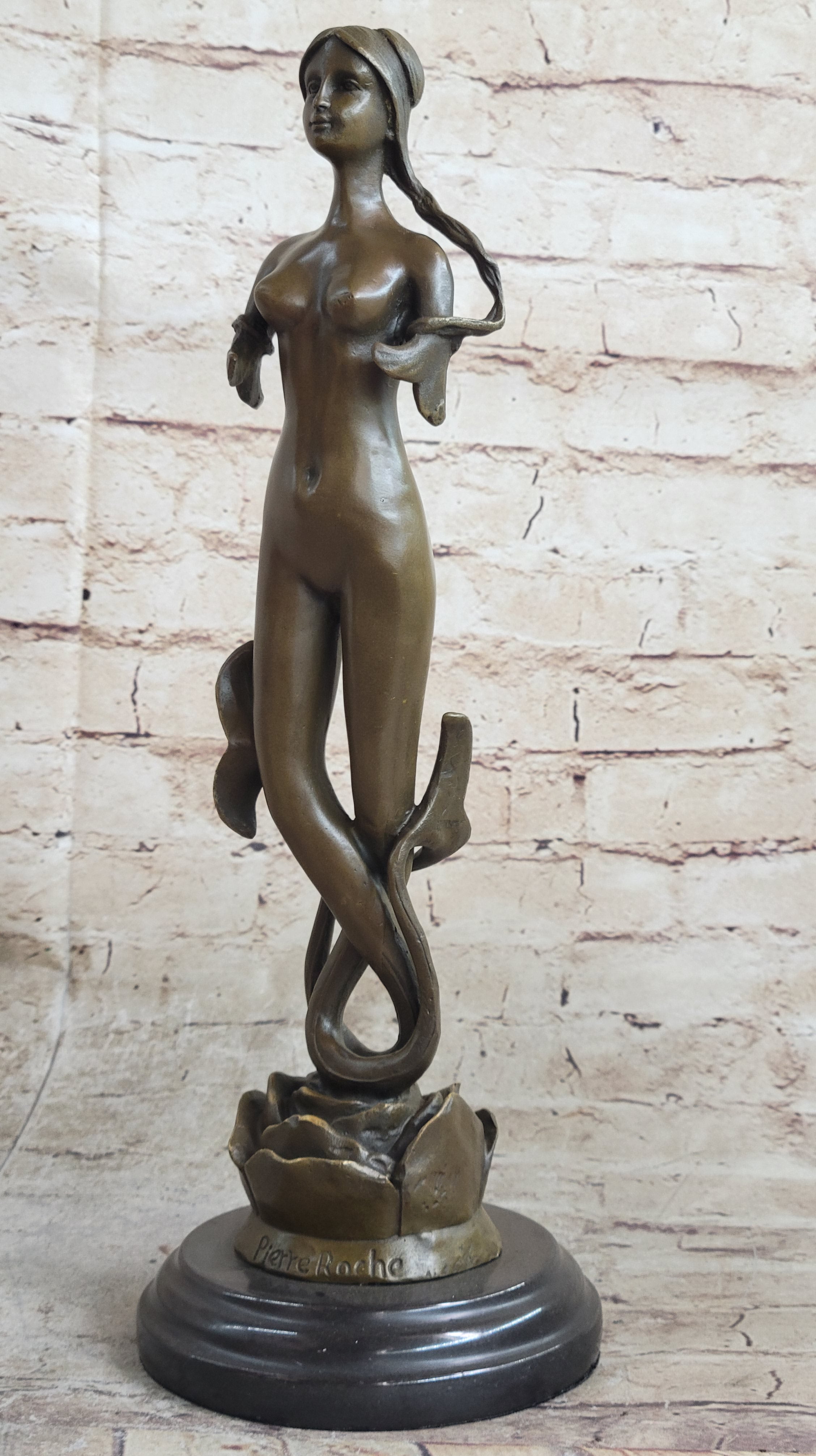 Signed Roche Nude Mythical Mermaid Bronze Sculpture Nude Statue Figure Figurine