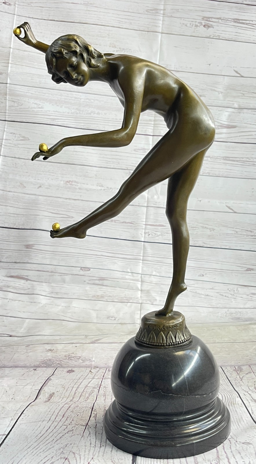 NUDE CLAIRE ROBERTE COLINET (1890-1940) PATINATED ART DECO BRONZE, THE JUGGLER