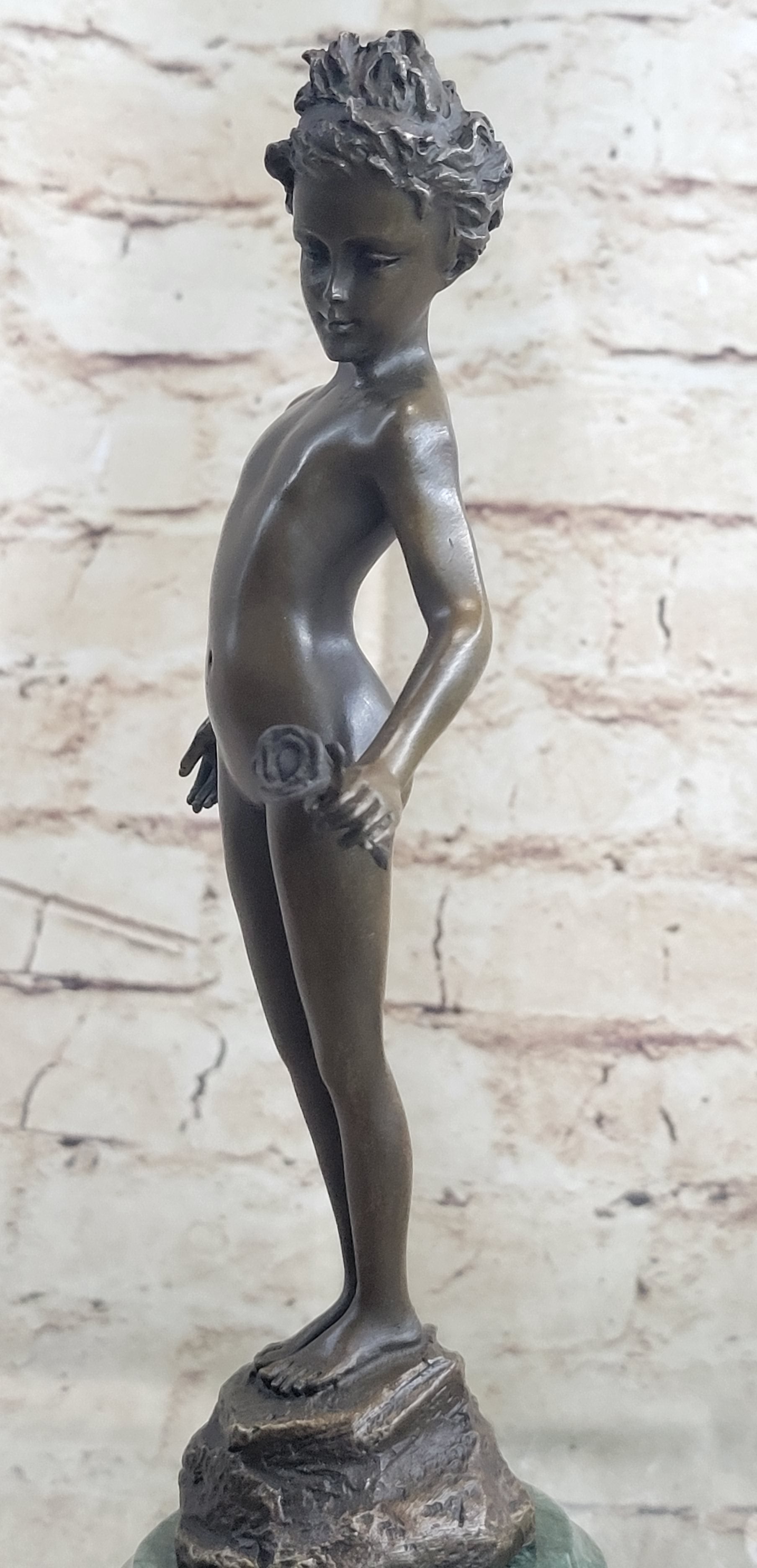 Bronze Sculpture Nude Male Holding Flower Hot Cast Marble Base Figurine Figure