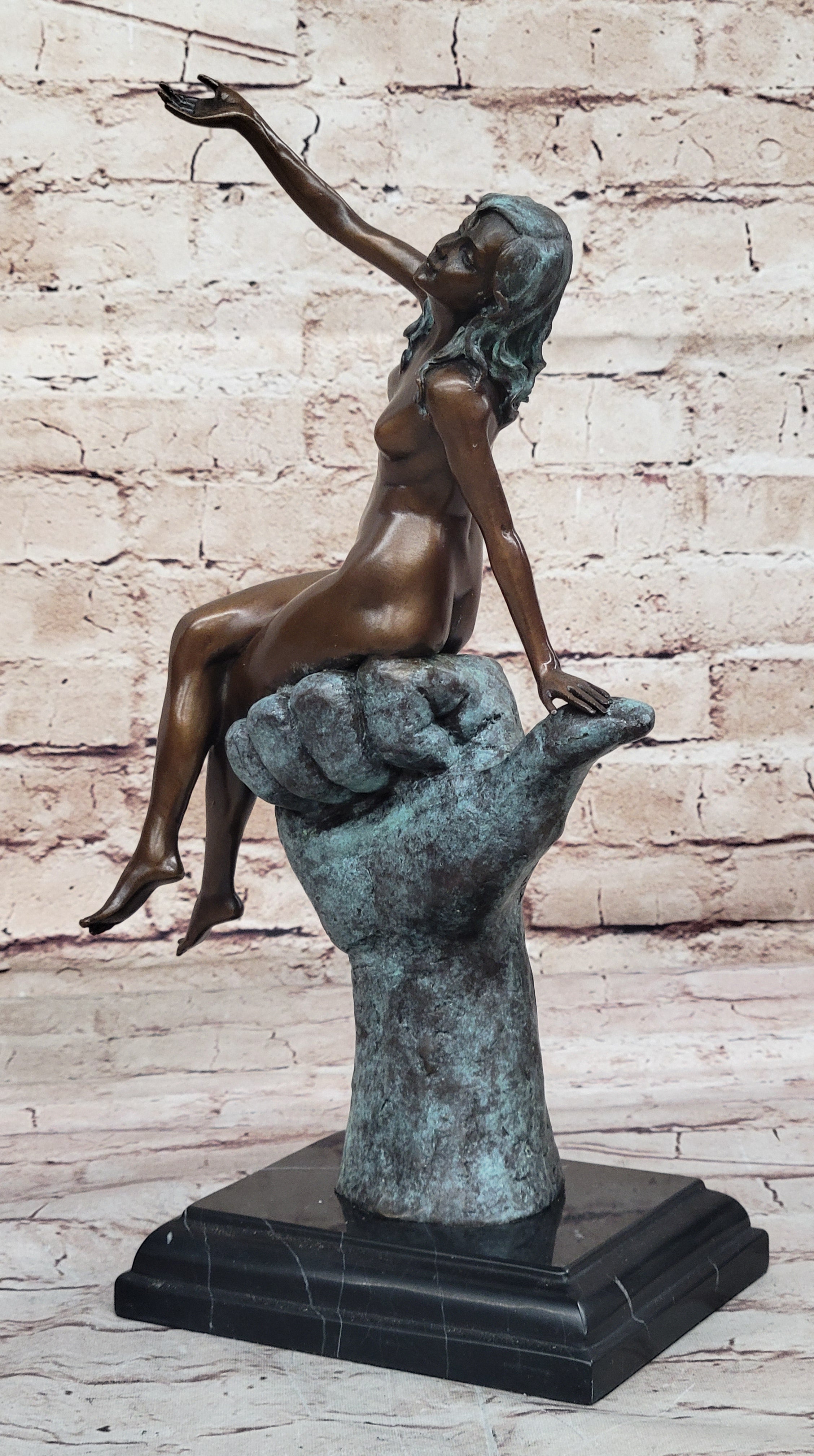 Bronze Figure of a Naked Lady Sitting on a Mans Hand by Juno Original Art Figure