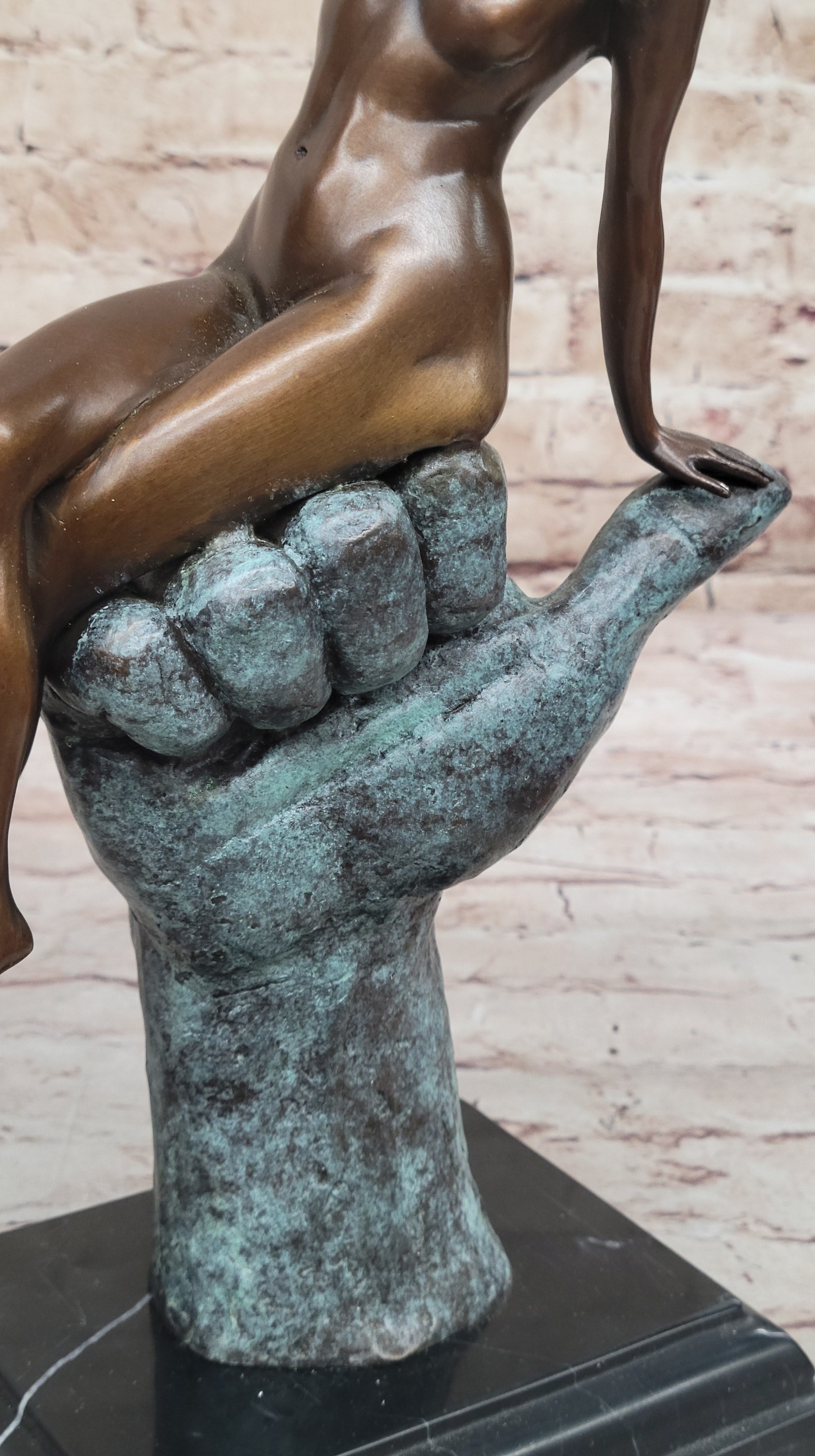 Bronze Figure of a Naked Lady Sitting on a Mans Hand by Juno Original Art Figure