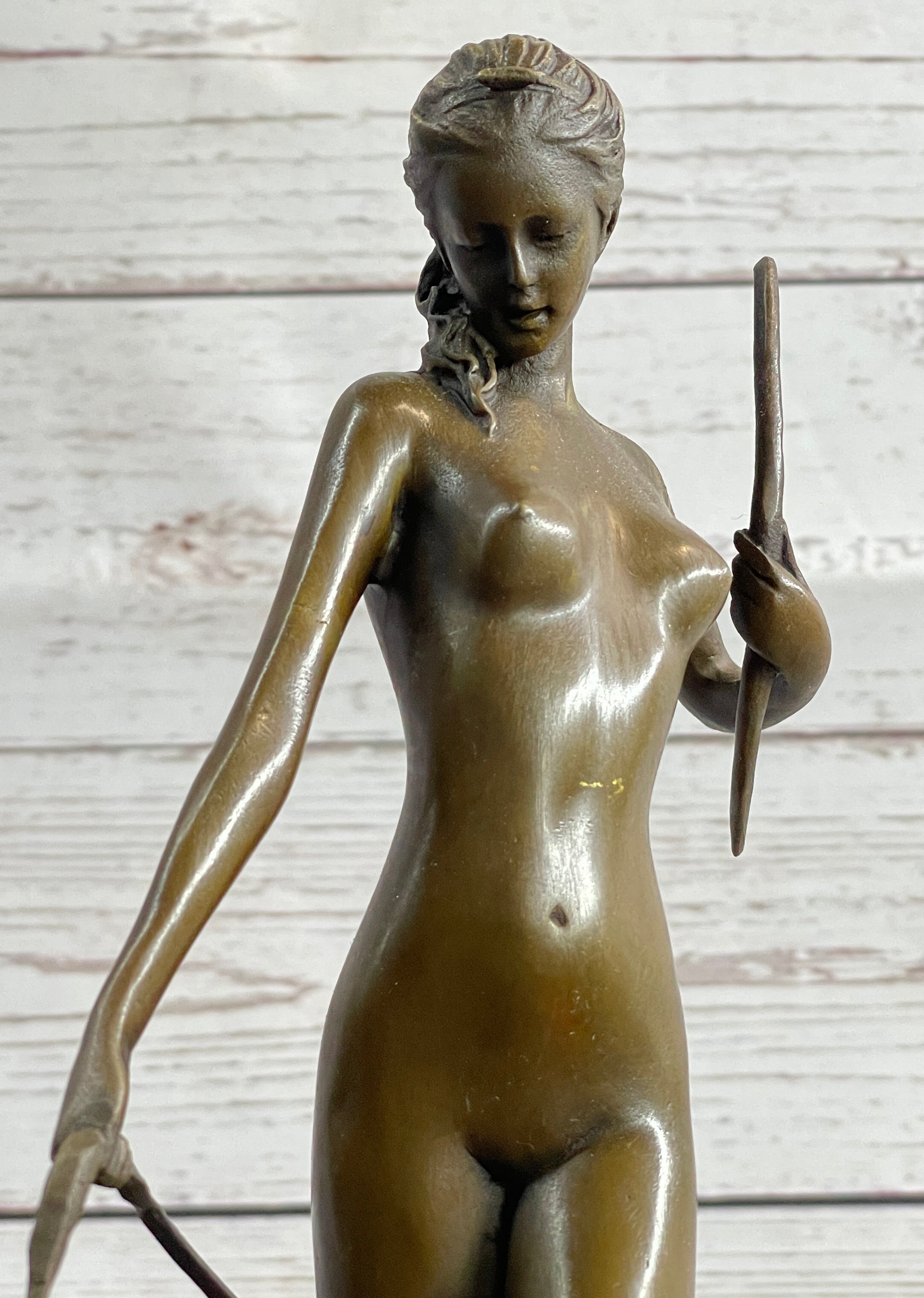 Signed Cast Bronze Diana The Huntress Art Deco Nude Sculpture Statue Mythical NR