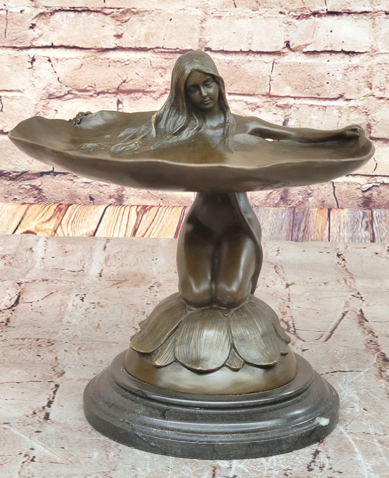 Art Nouveau Bronze Card Tray with Water Lily Woman Home Office Decoration