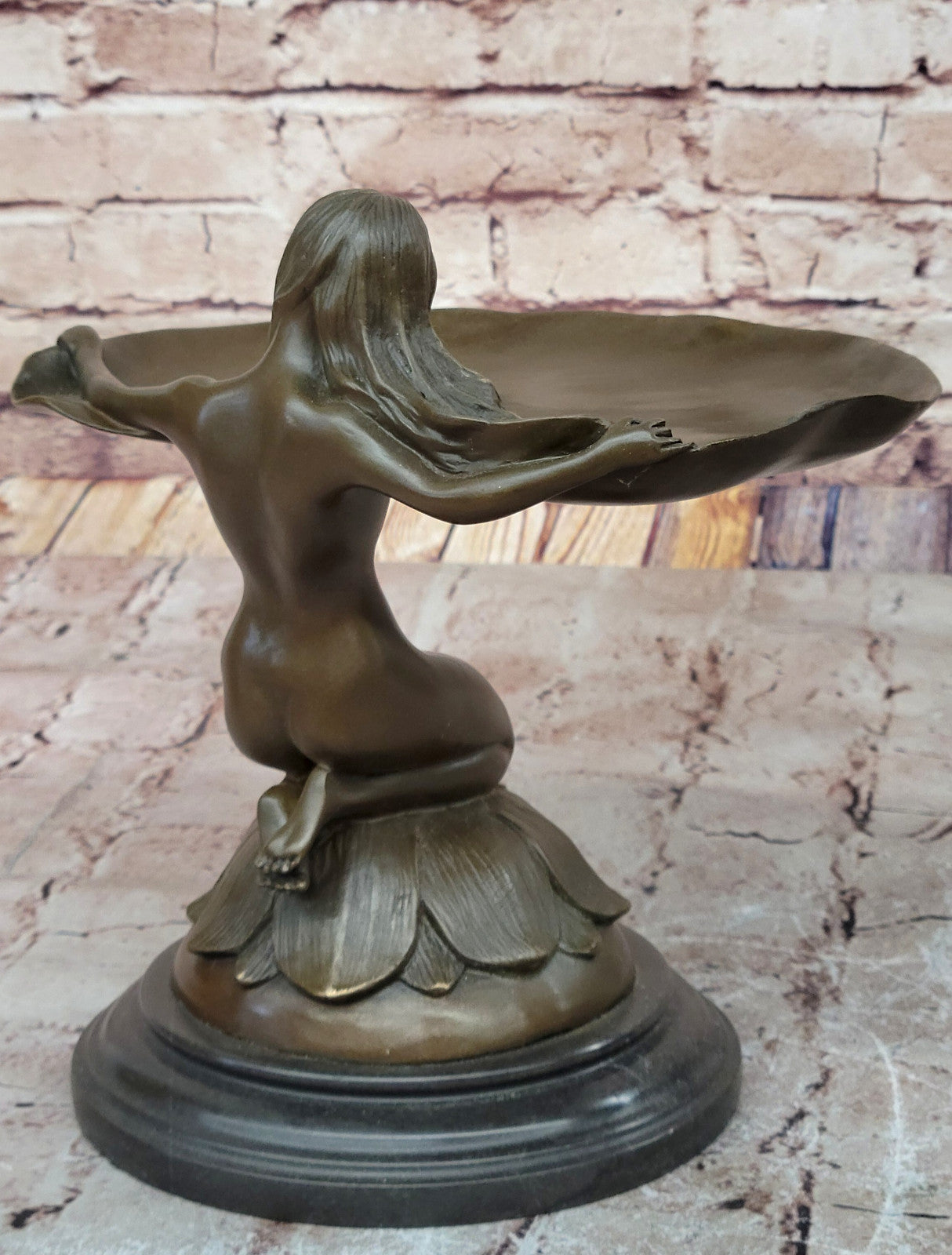 Art Nouveau Bronze Card Tray with Water Lily Woman Home Office Decoration