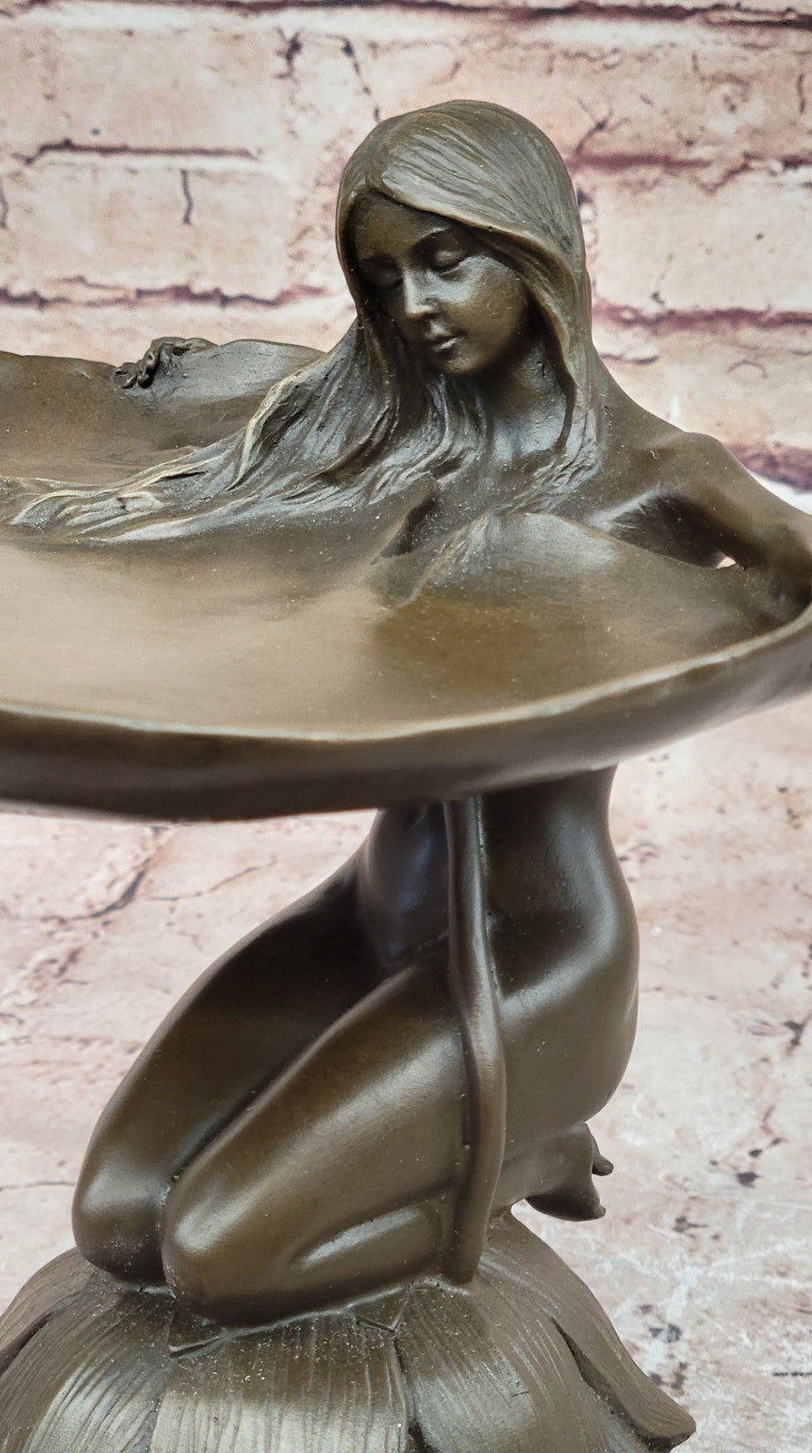 Art Nouveau Bronze Card Tray with Water Lily Woman Home Office Decoration