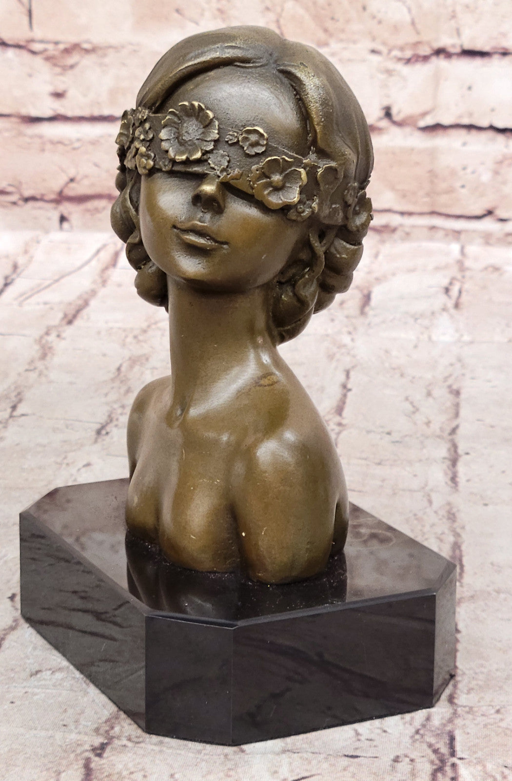 Masked Girl Bronze Sculpture: Hand Made Bust Figurine, Lost Wax Method