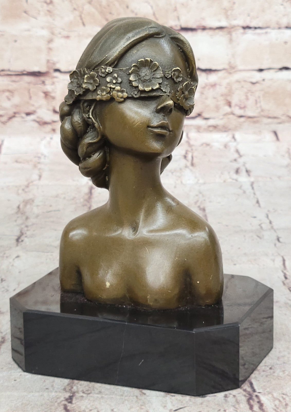 Masked Girl Bronze Sculpture: Hand Made Bust Figurine, Lost Wax Method