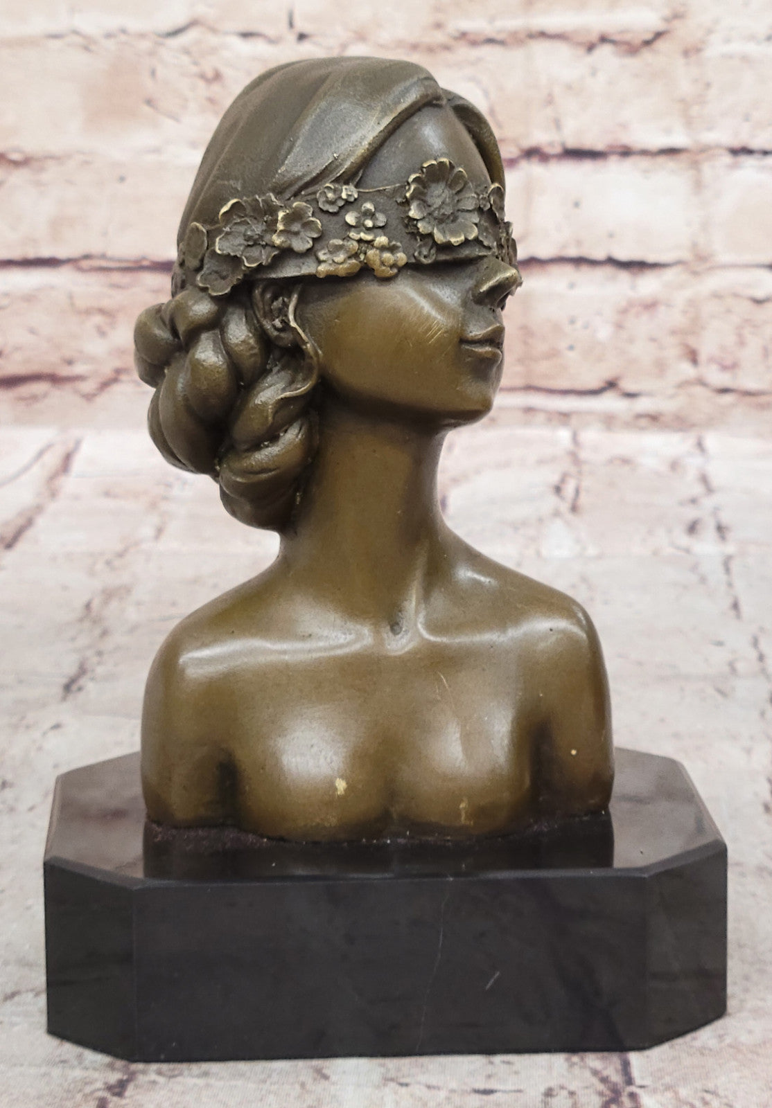 Masked Girl Bronze Sculpture: Hand Made Bust Figurine, Lost Wax Method