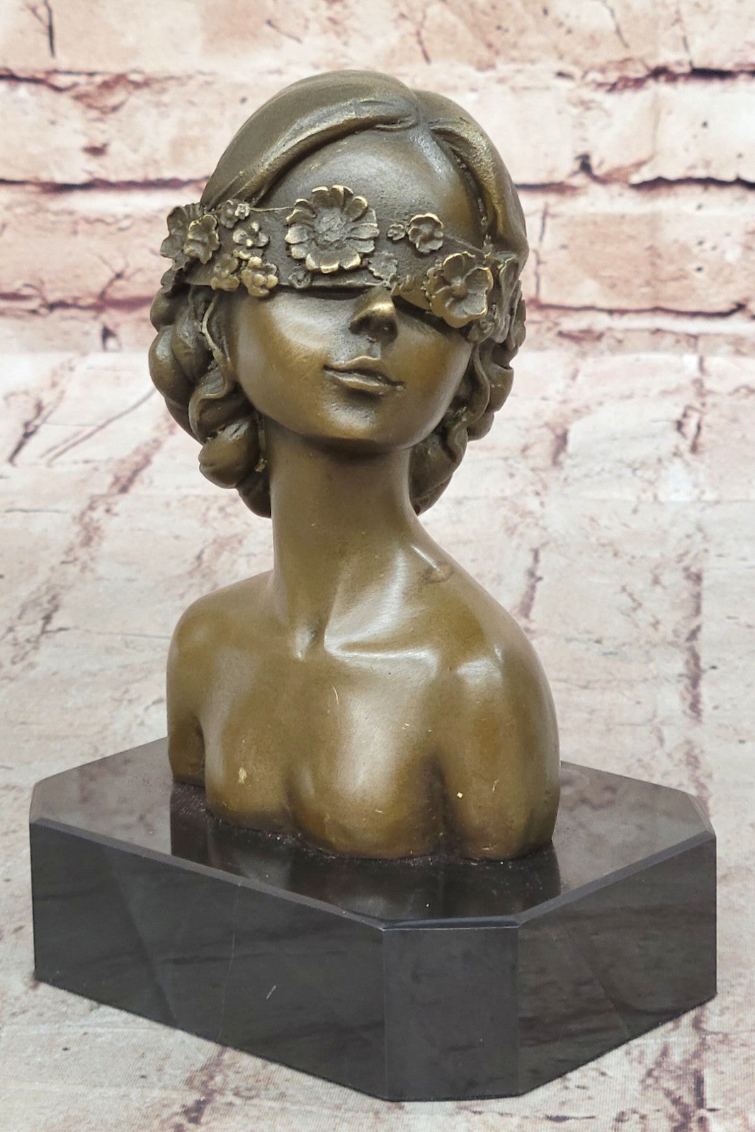 Masked Girl Bronze Sculpture: Hand Made Bust Figurine, Lost Wax Method