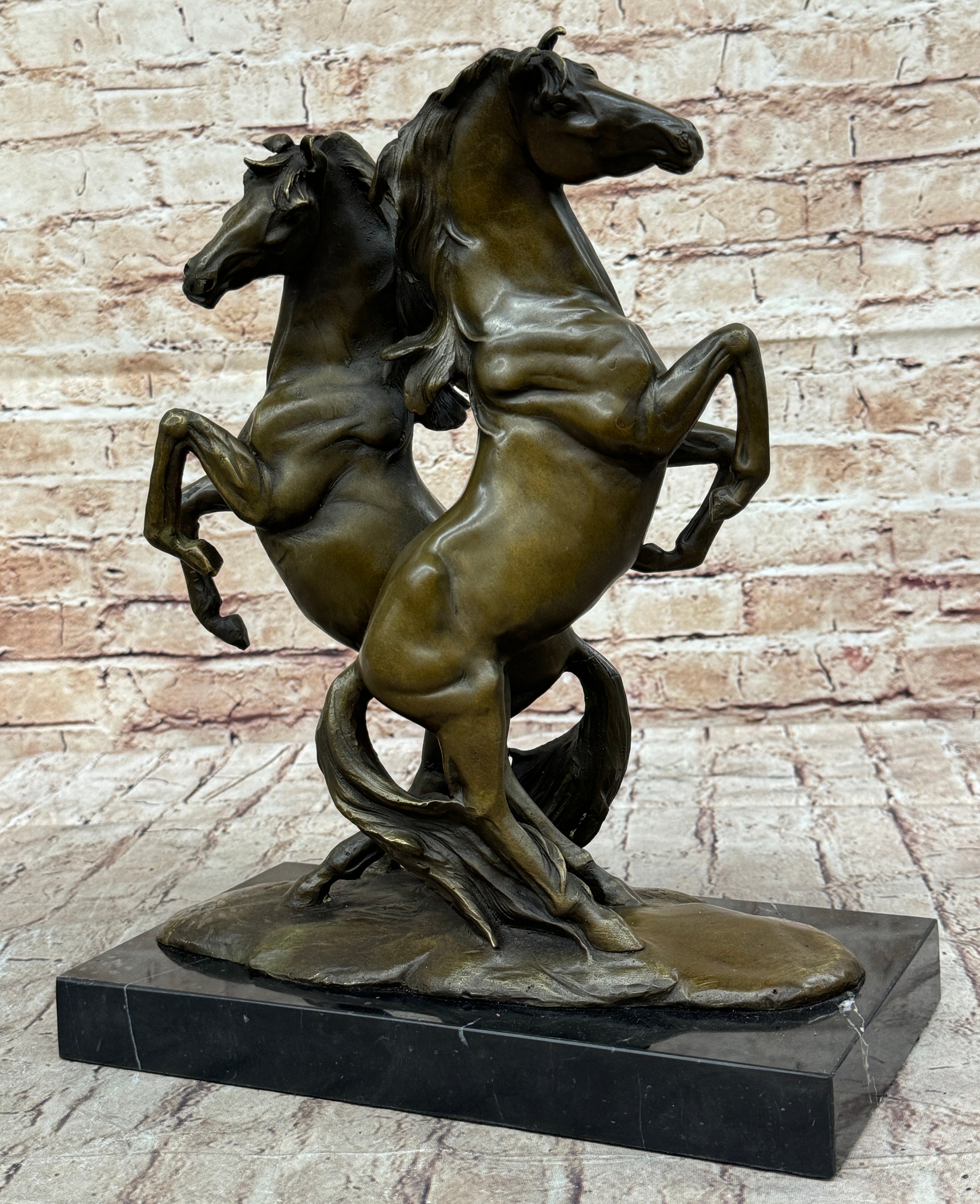 Two Rearing Horse Horses Stallion Bronze Sculpture Marble Base Figurine Figure