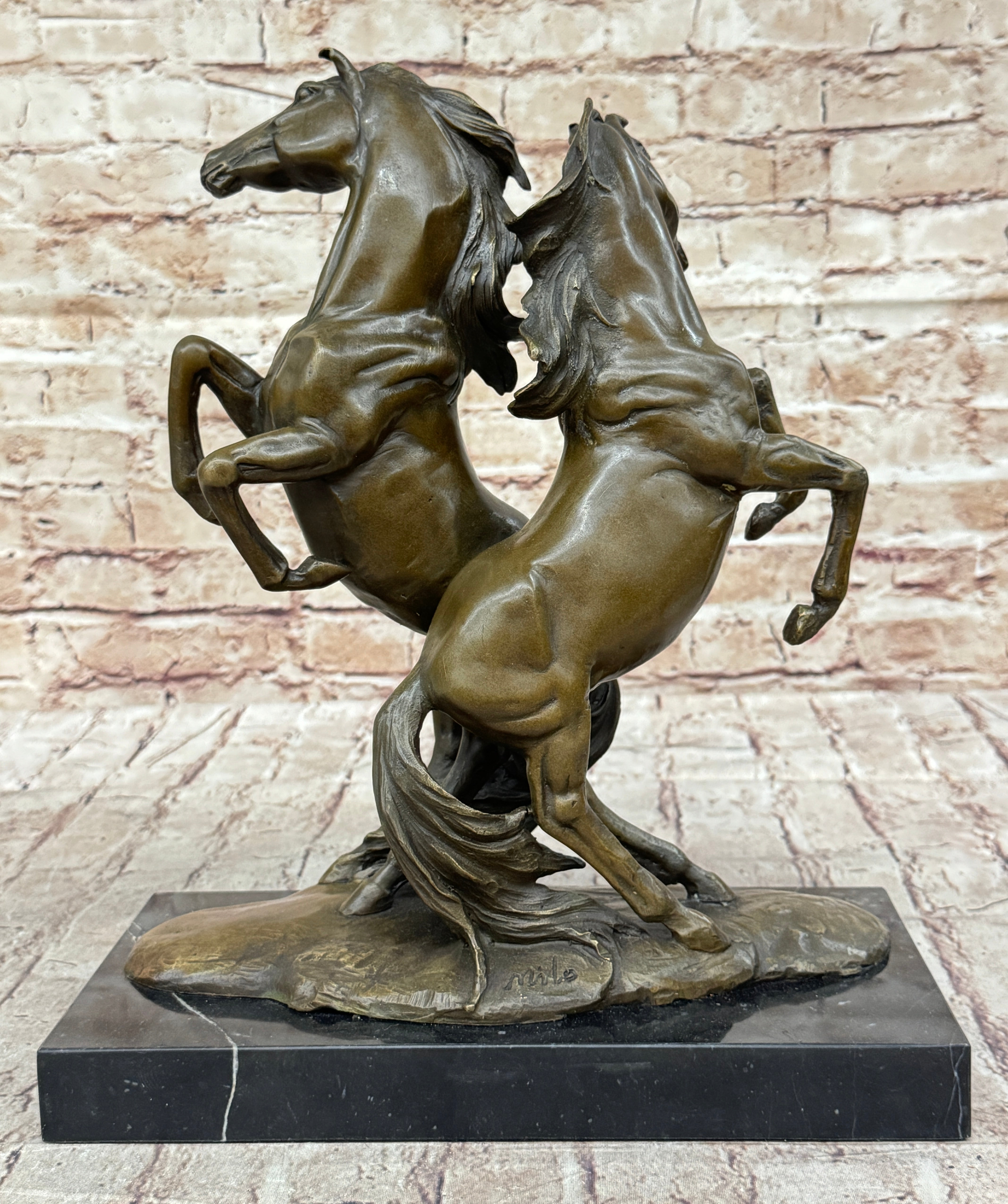 Two Rearing Horse Horses Stallion Bronze Sculpture Marble Base Figurine Figure