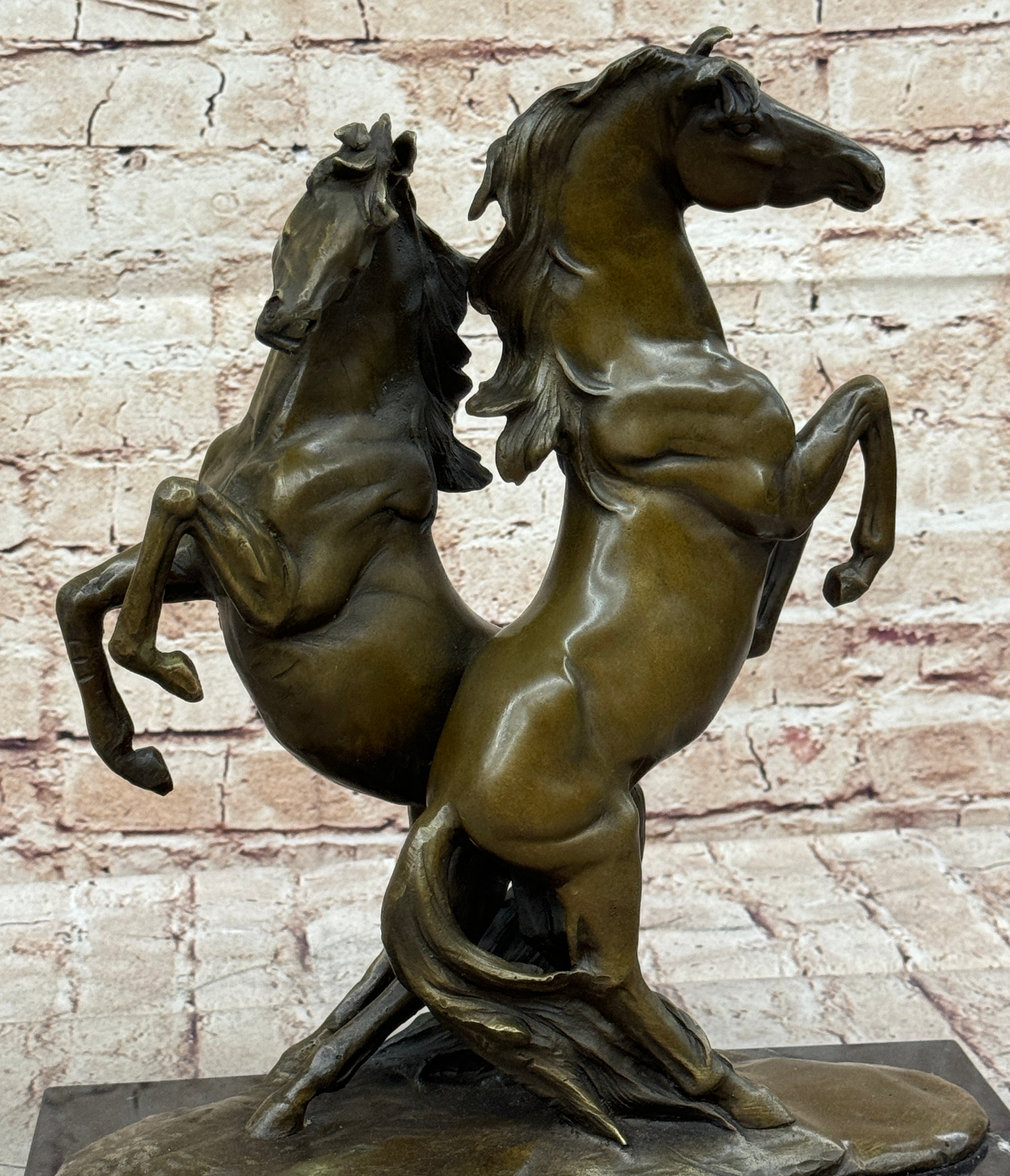 Two Rearing Horse Horses Stallion Bronze Sculpture Marble Base Figurine Figure