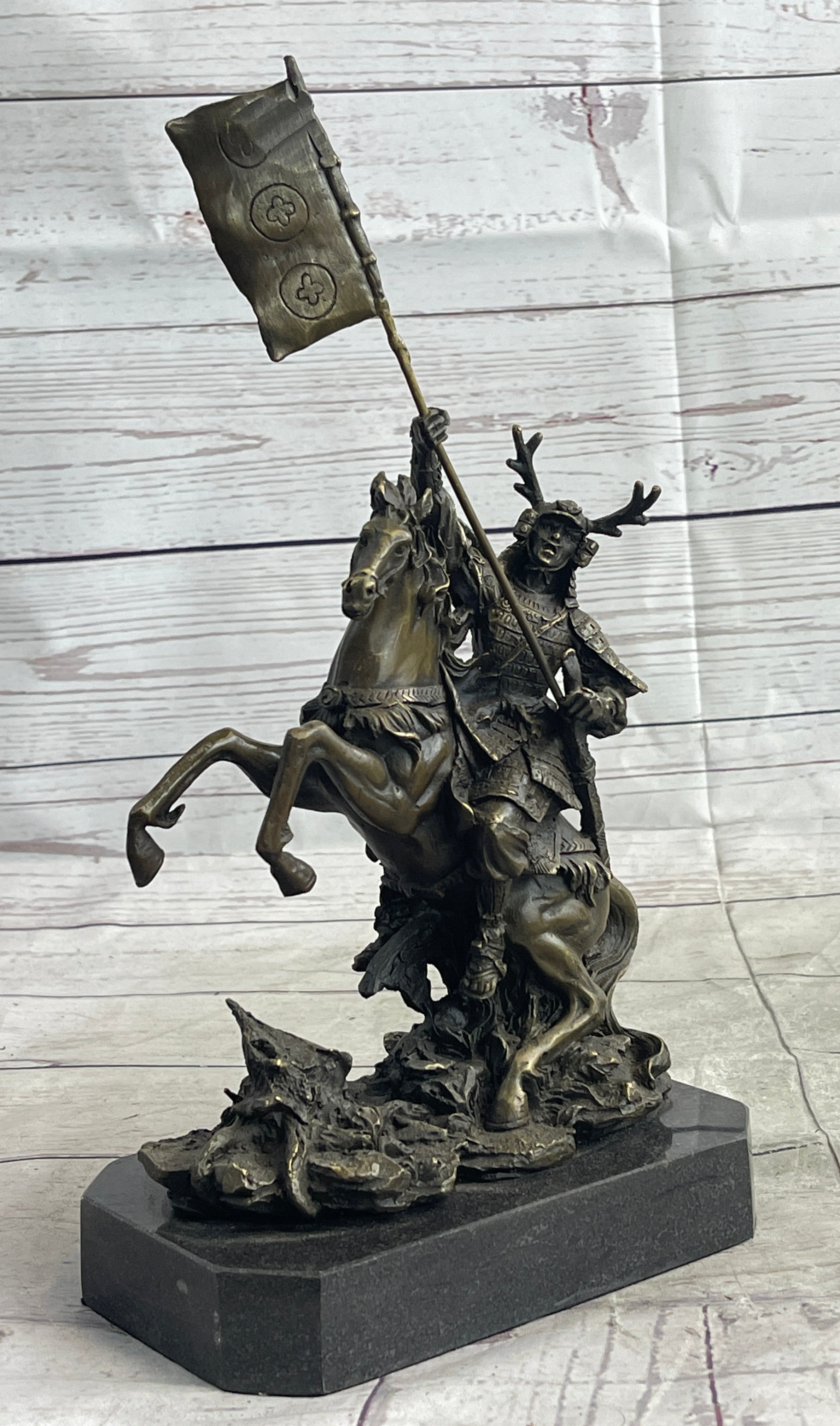 Hot Cast Viking Warrior on Horse with a Flag Bronze Sculpture Statue Figurine