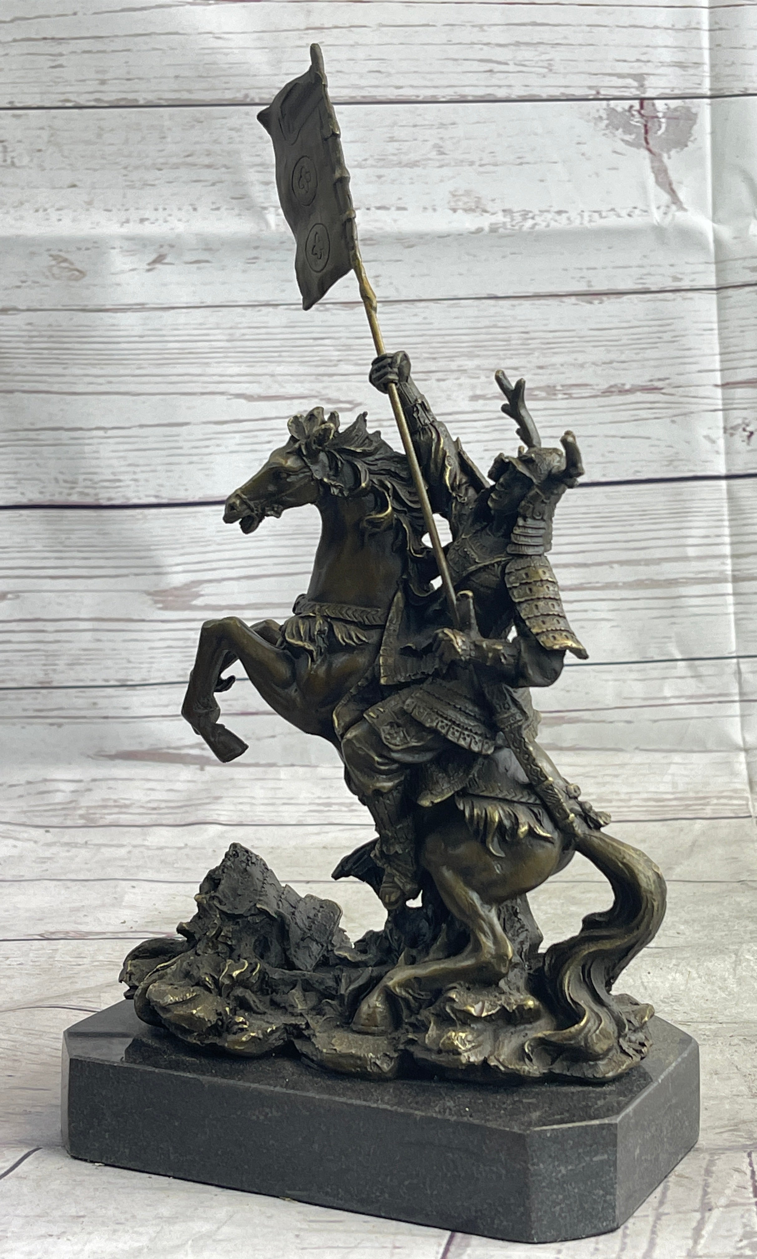 Hot Cast Viking Warrior on Horse with a Flag Bronze Sculpture Statue Figurine