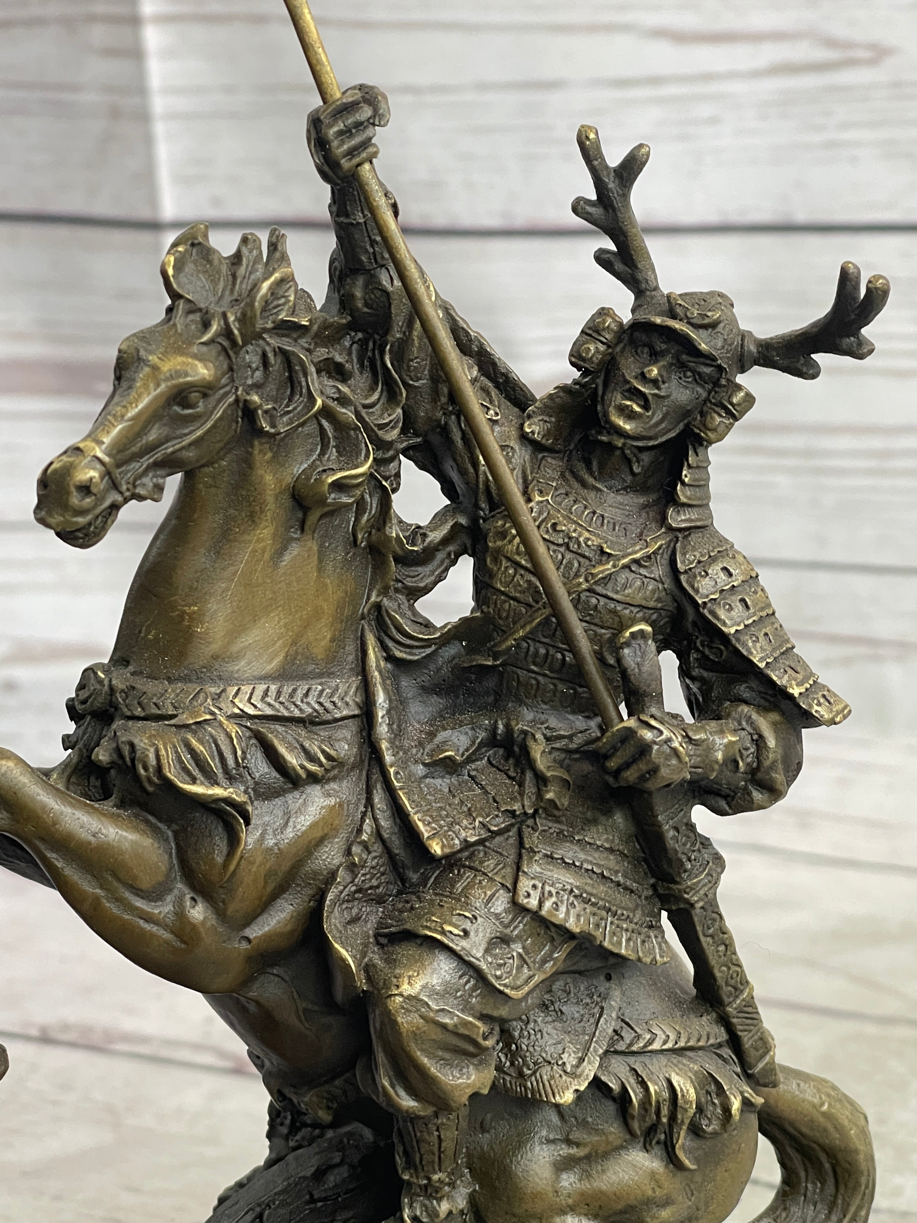 Hot Cast Viking Warrior on Horse with a Flag Bronze Sculpture Statue F