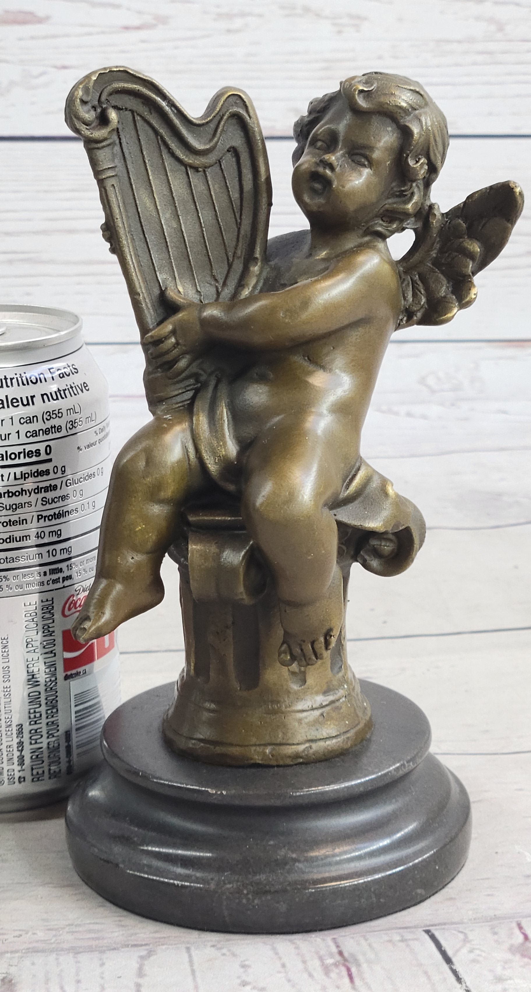 Putti Cherub Pan Harp Musician Artist Angel Bronze Marble Statue Music Room Art