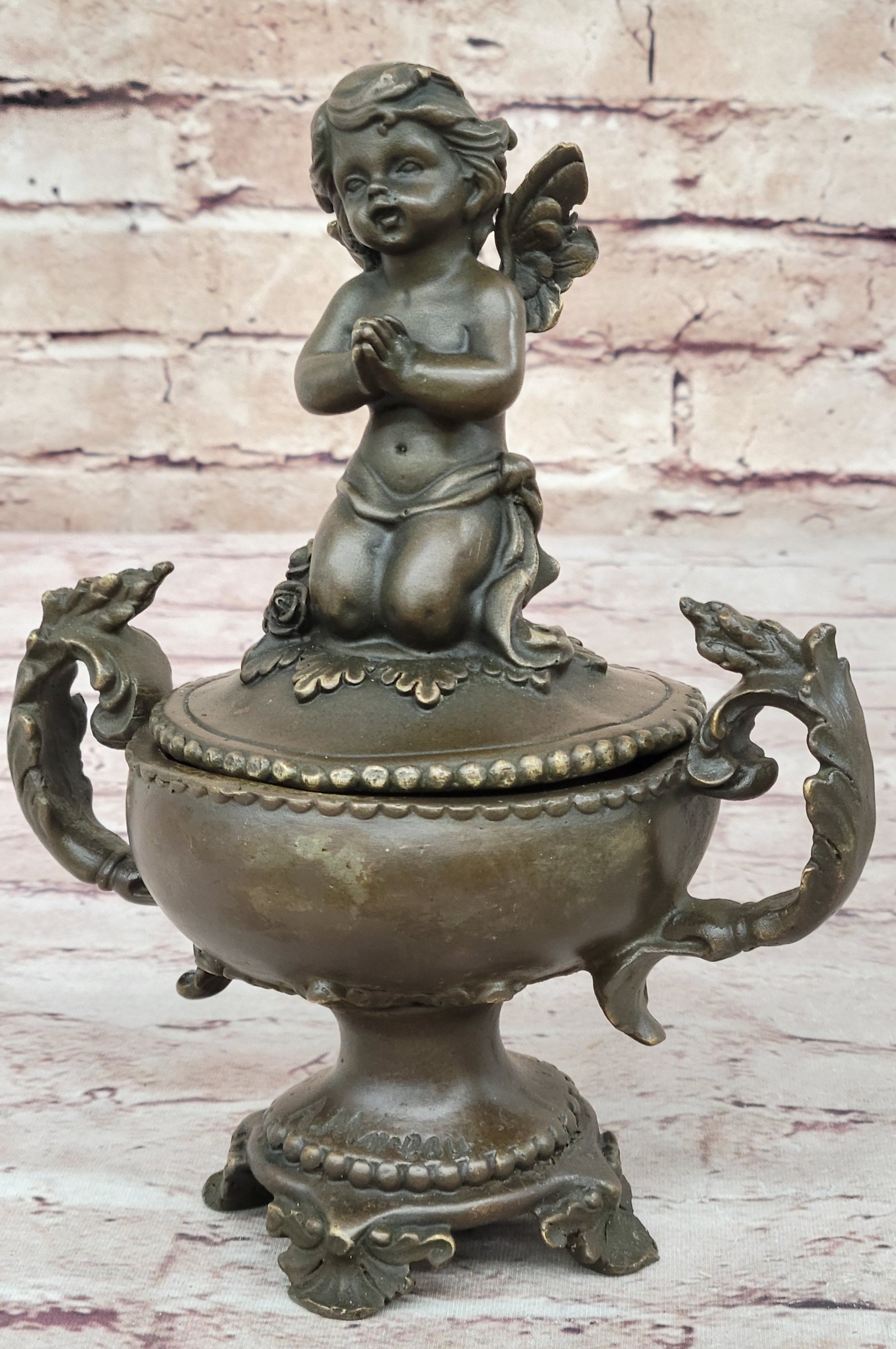 Bronze Sculpture Mythical Putti Angel Jewelry Box Detailed Classic Artwork