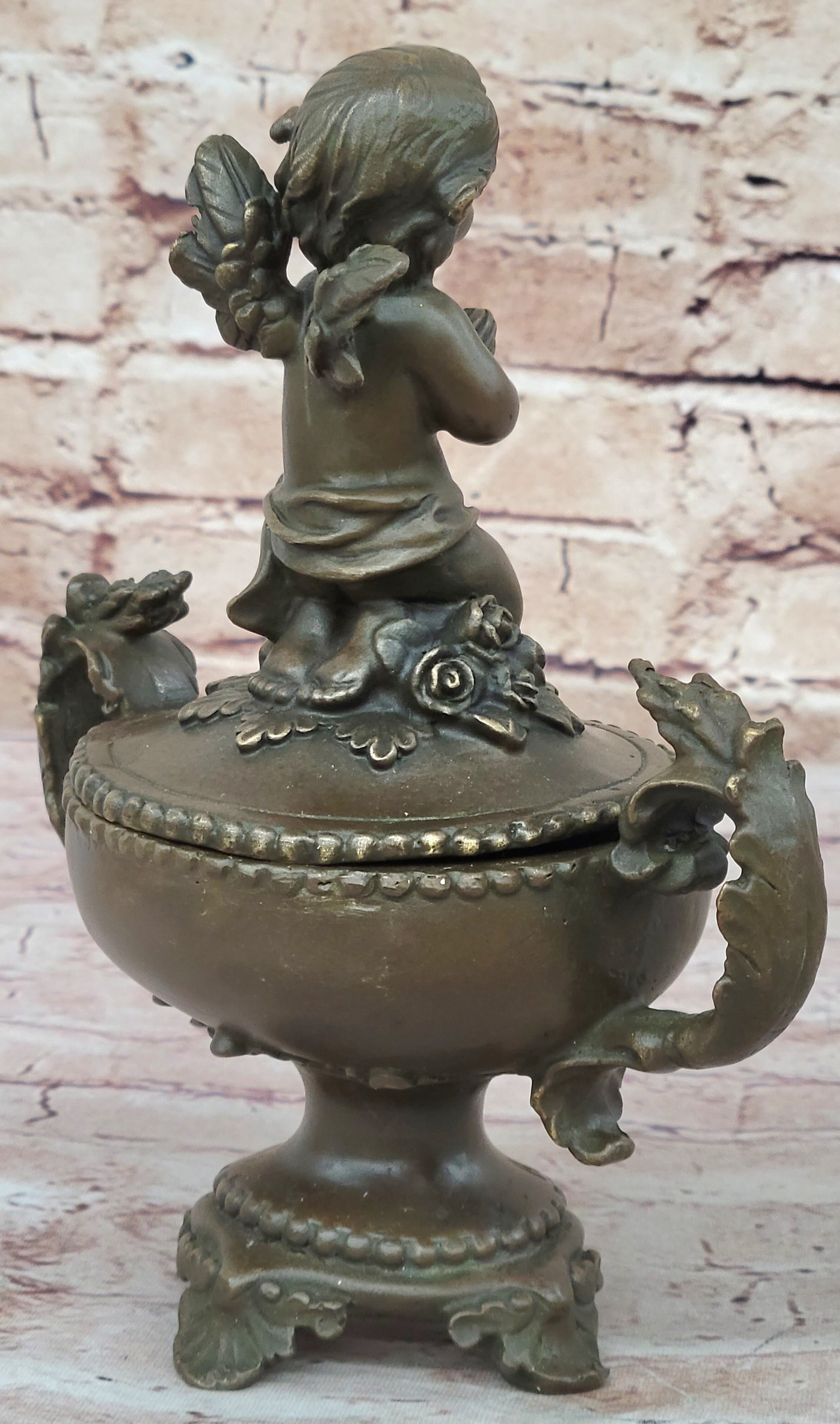 Bronze Sculpture Mythical Putti Angel Jewelry Box Detailed Classic Artwork