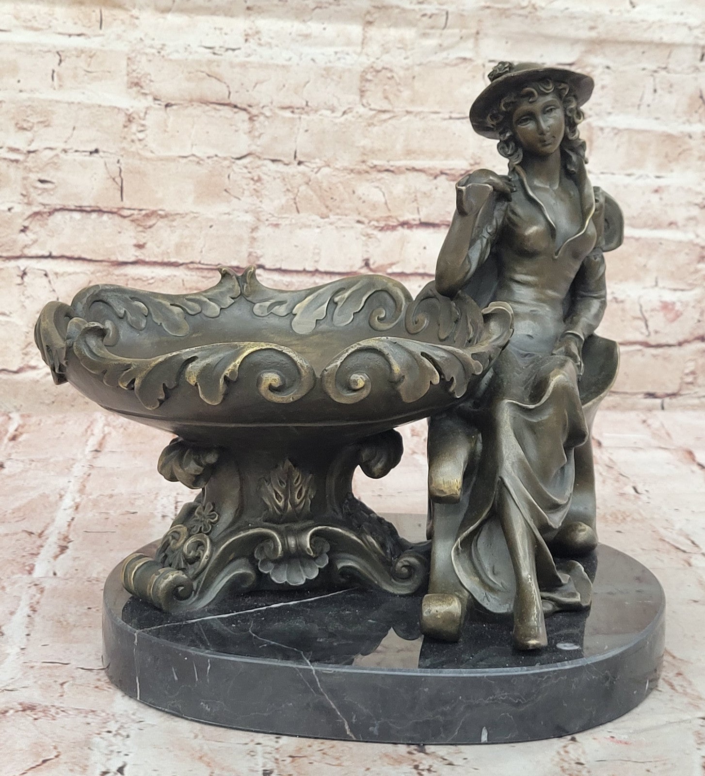 Art Nouveau Bronze Tray Decorative Business Card Holder with Woman Sculpture Hand Made