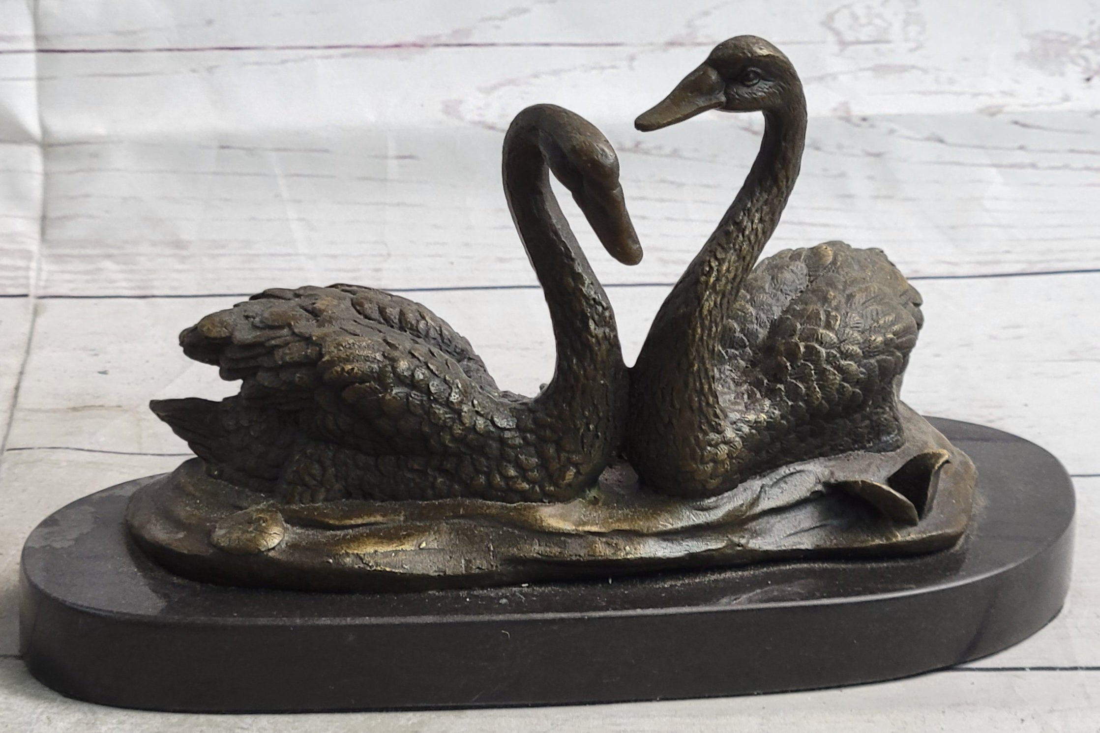 Art Deco Swan Swans Hot Cast Bronze Sculpture Marble Base Figurine Figure Deco