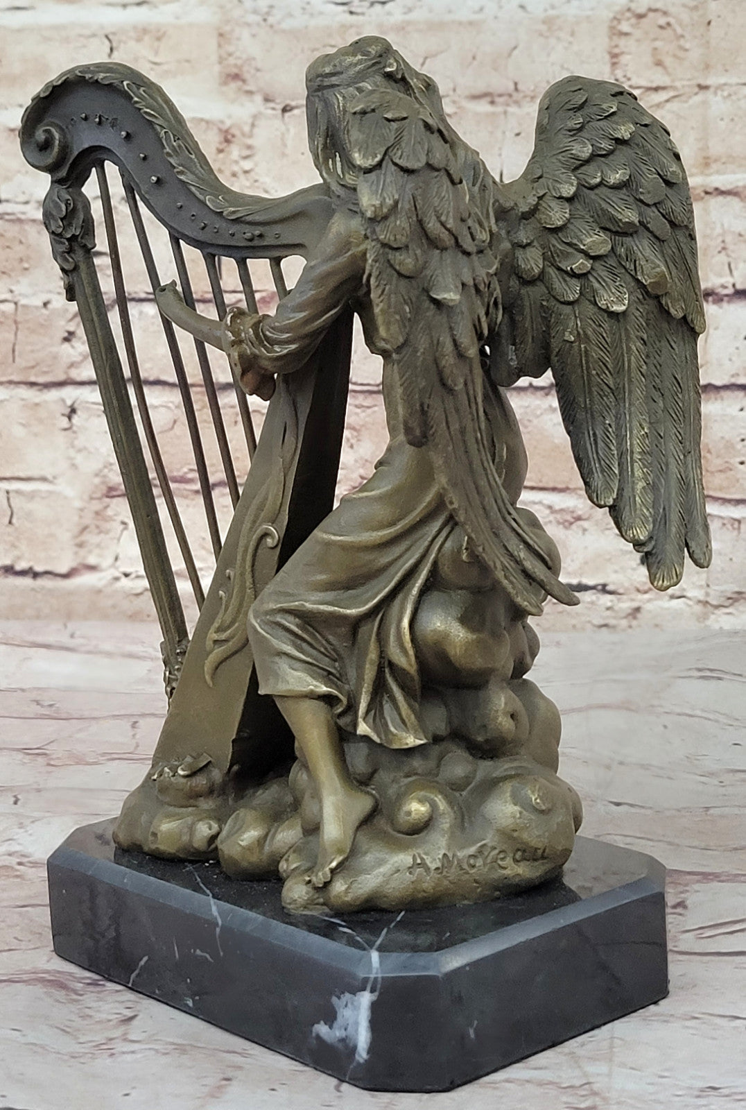 Hot Cast Bronze Sculpture: Angel Playing Harp, Fine Art Music Theme Decor