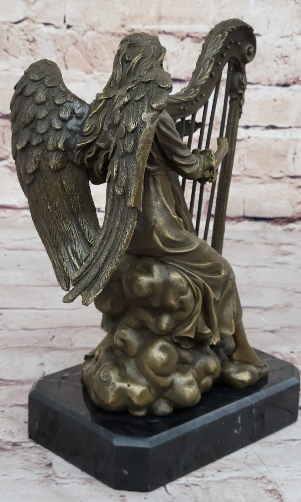 Hot Cast Bronze Sculpture: Angel Playing Harp, Fine Art Music Theme Decor