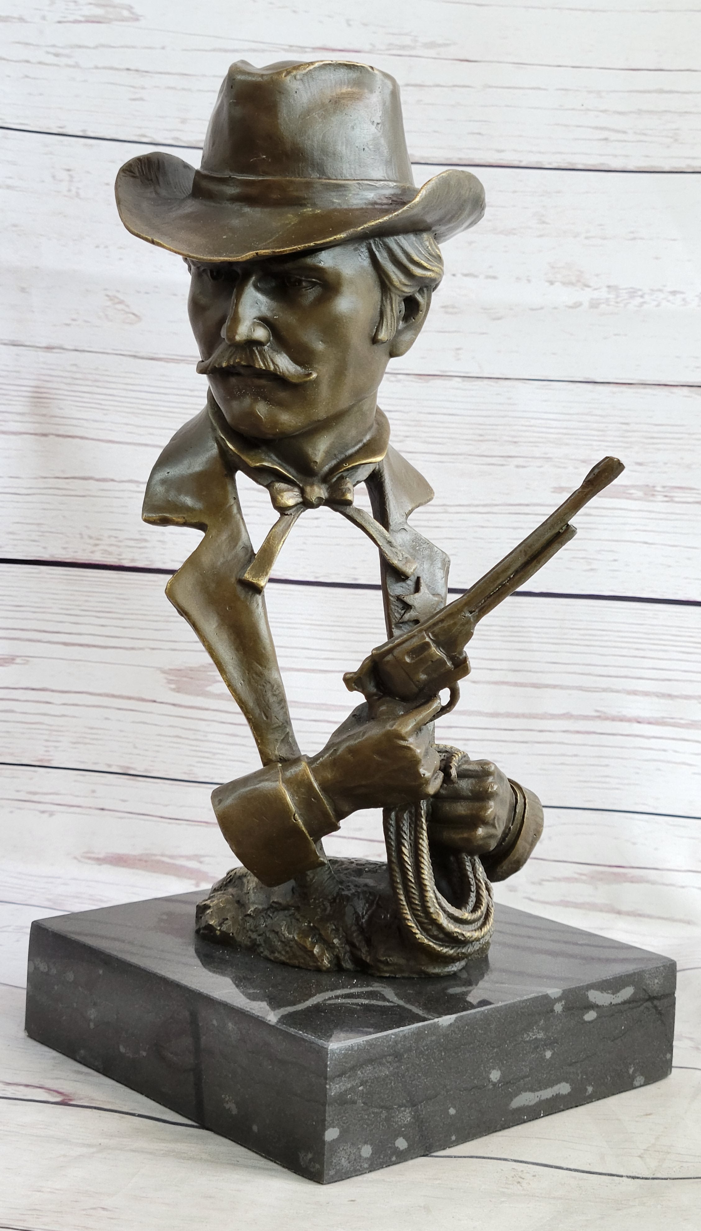 Sheriff Police Officer Gun Revolver Bronze Marble Statue Retirement Gift Artwork