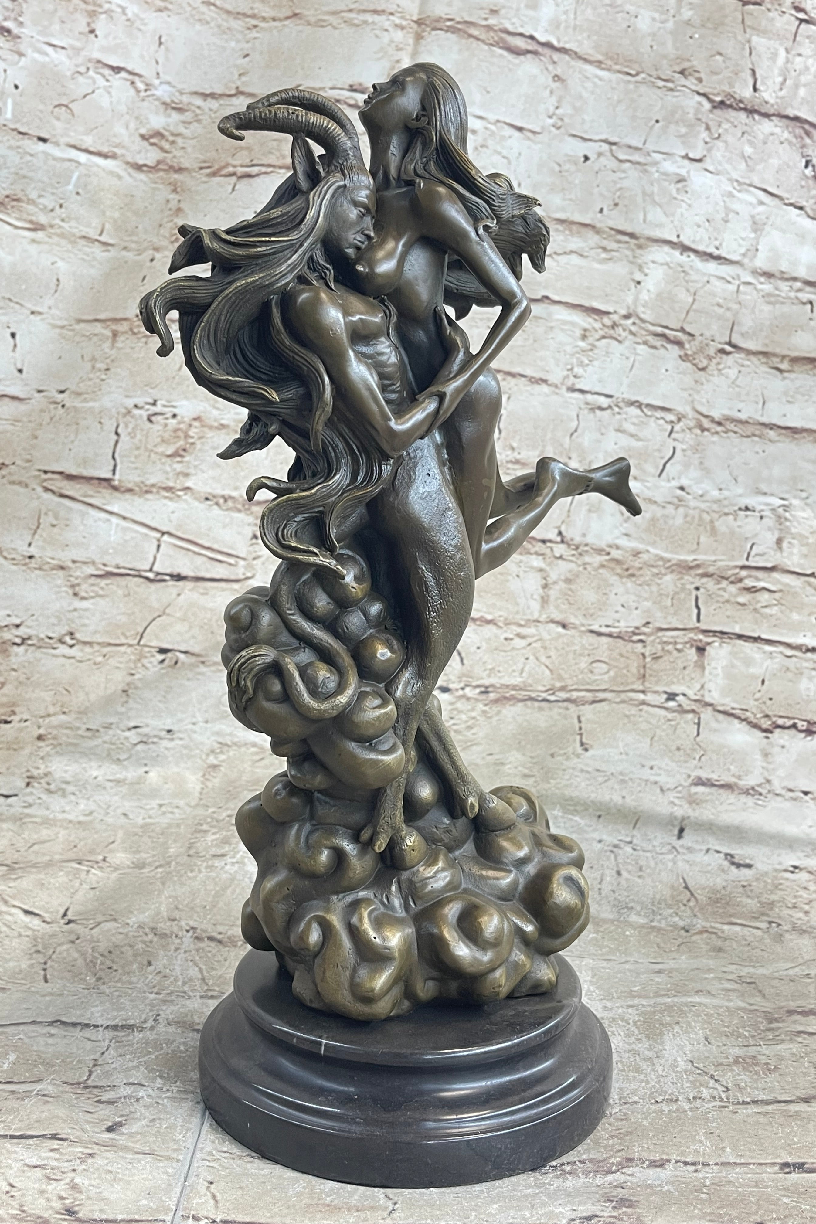 Devil and Nude Female Classic Bronze Sculpture Marble Base Figurine Decoration