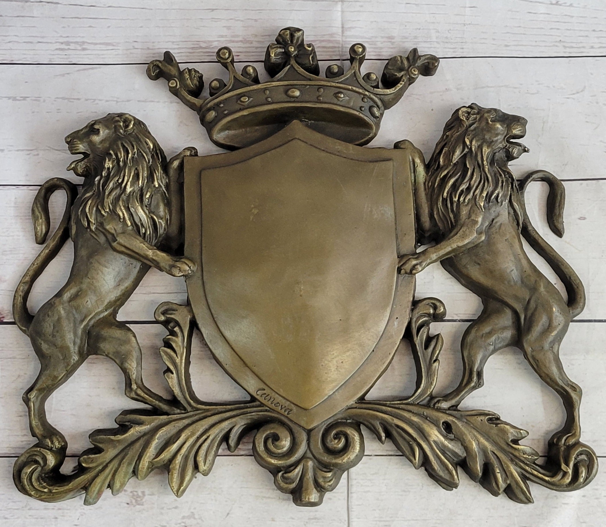 Royal Crest Coat of Arms Bronze Plaque Lions Shield Statue Sculptur Art Deco LRE