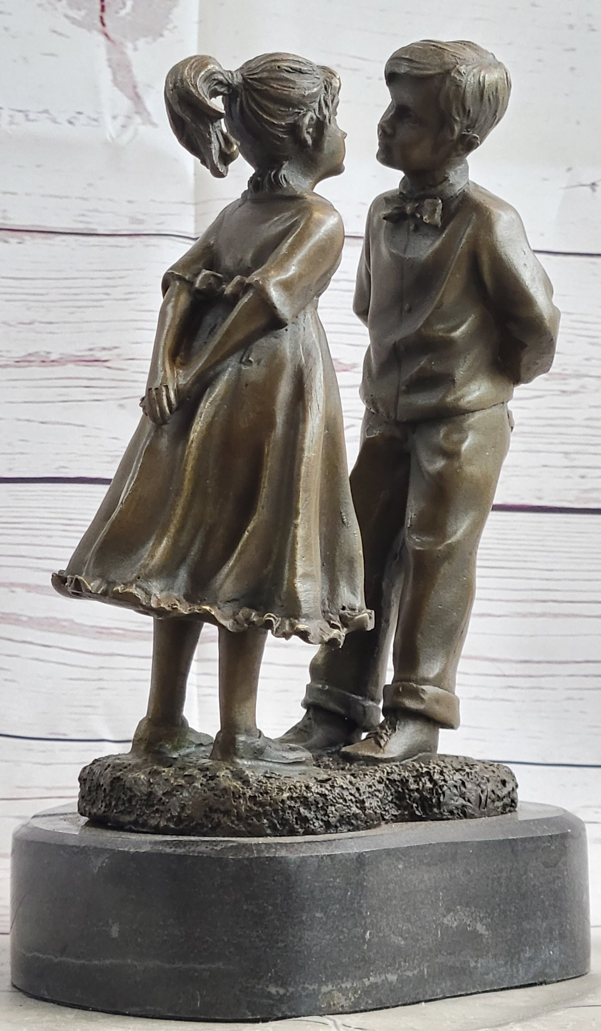 Bronze Sculpture Children Figurine Boy and Girl Kissing Hot Cast Statue Home Art