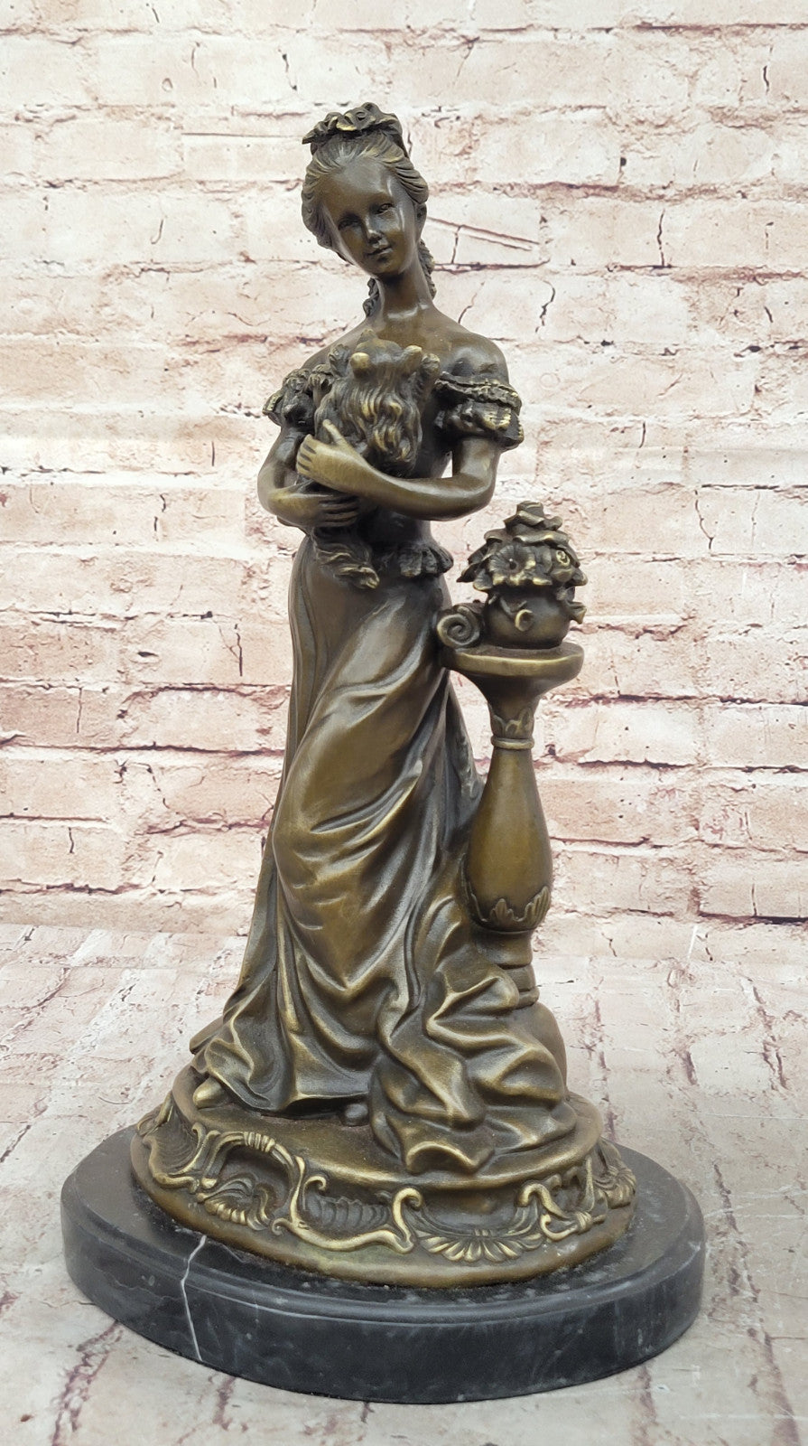 Elegant Bronze Sculpture of Victorian Lady with Dog, Handcrafted by Milo, Hot Cast