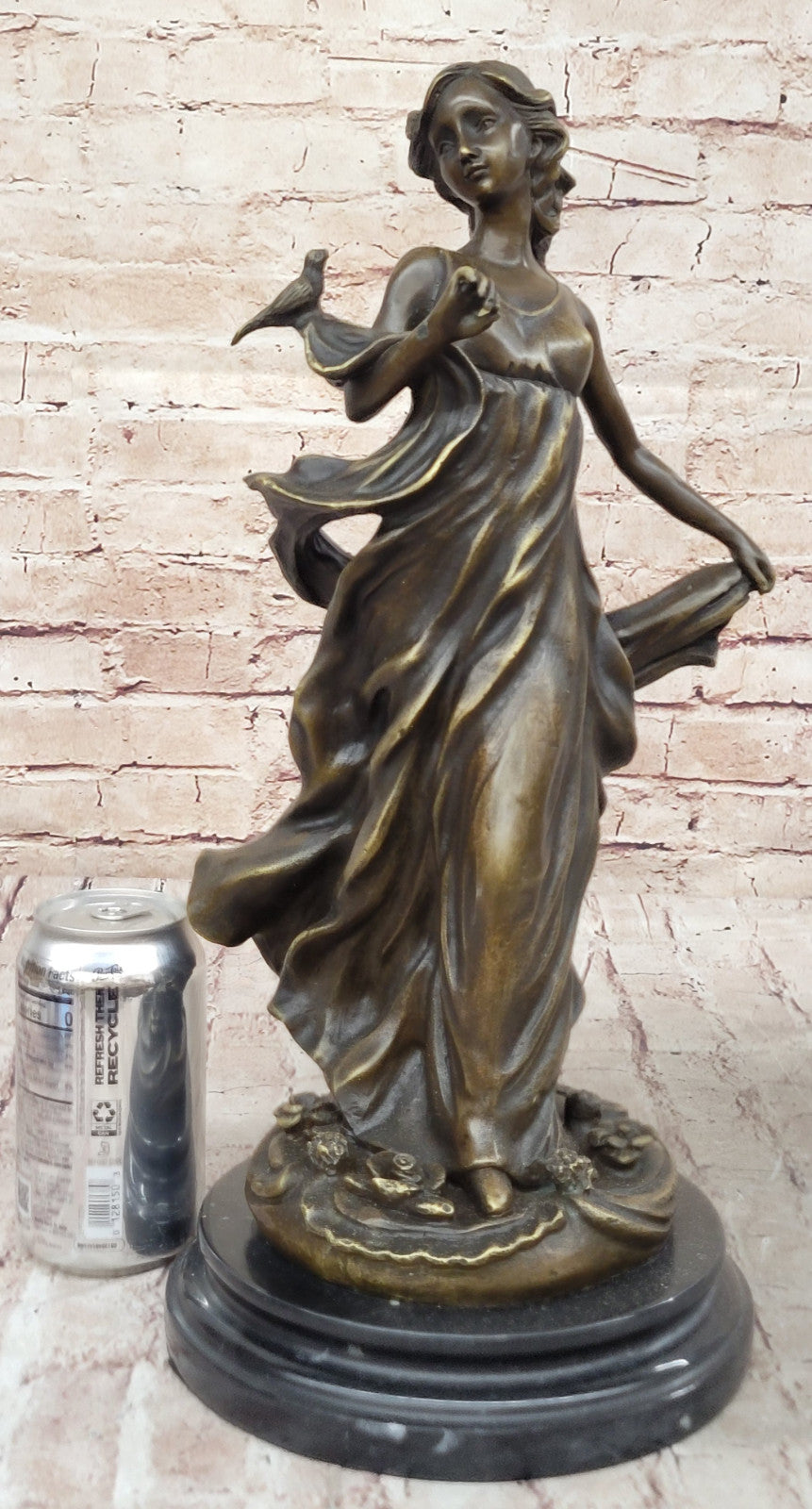 Collectible Bronze Statue of Woman Holding Bird, Art Nouveau Style, Signed Moreau