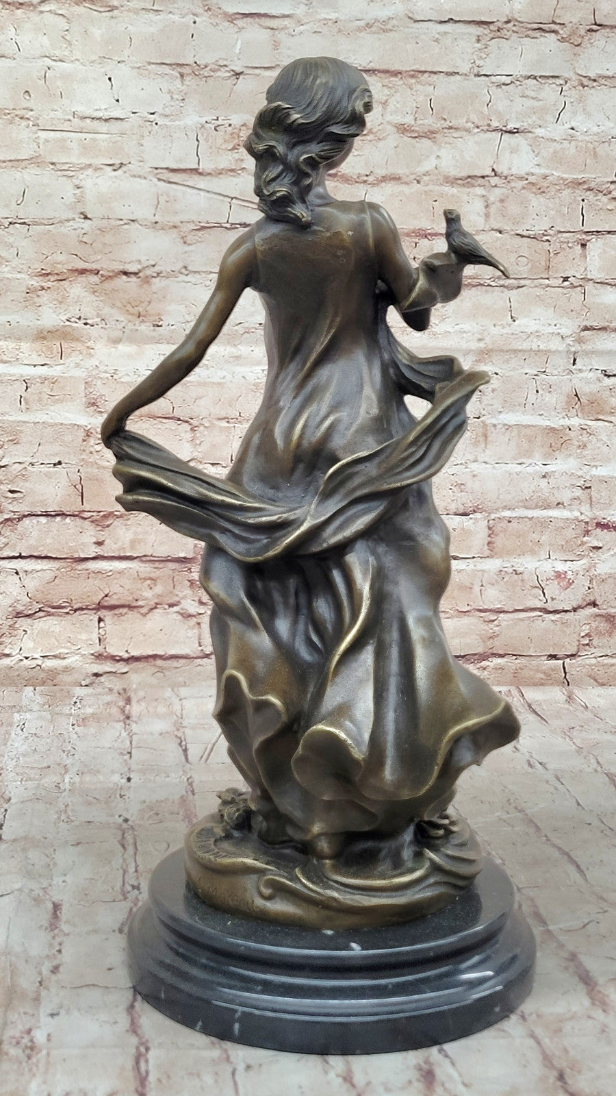 Collectible Bronze Statue of Woman Holding Bird, Art Nouveau Style, Signed Moreau