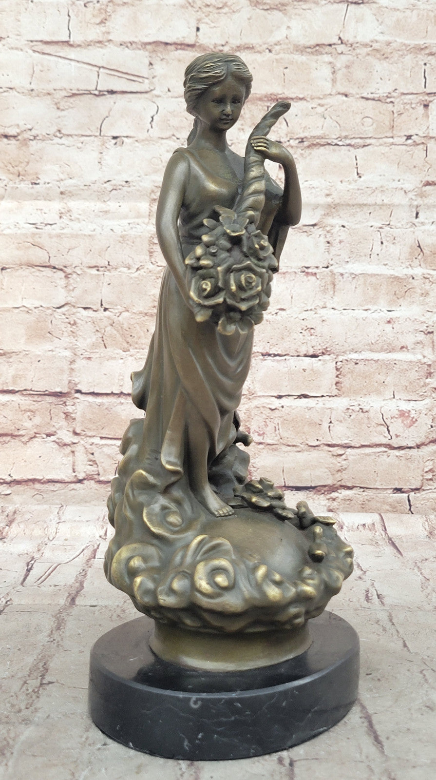 Decorative Bronze Sculpture of a Goddess Holding Flower Cornucopia, Art Nouveau by Milo